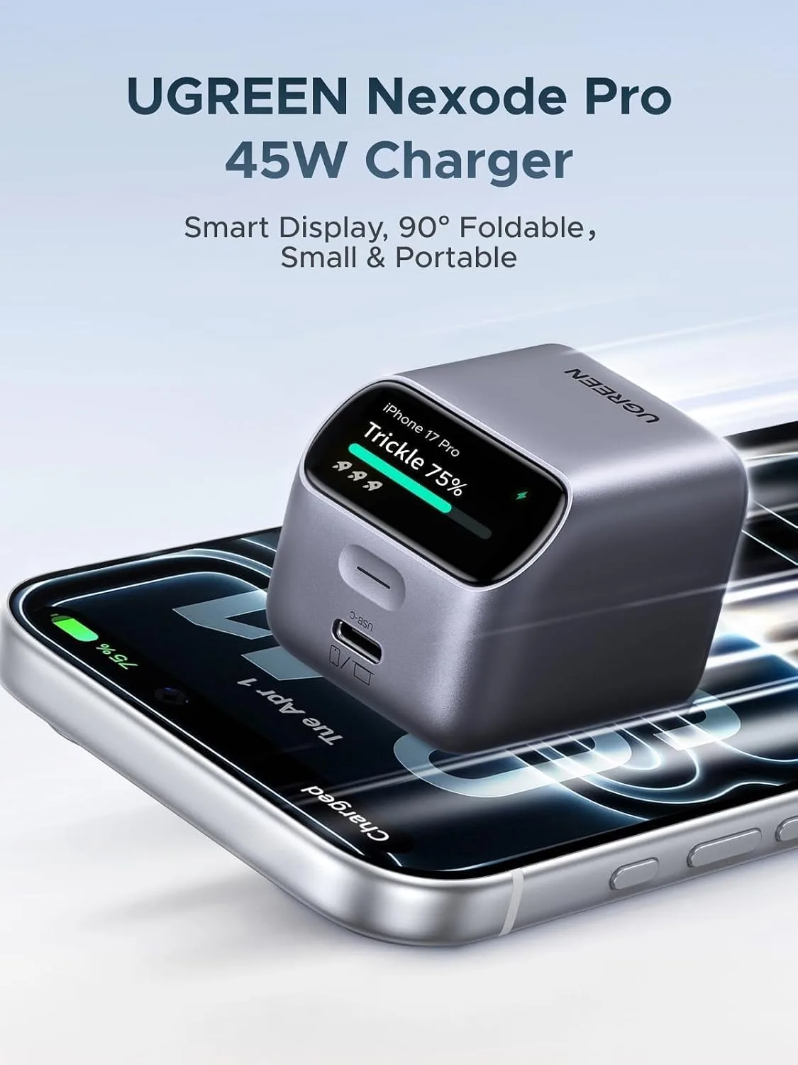 UGREEN Nexode Pro 45W USB‑C GaN Charger Block with Smart Display, Grey