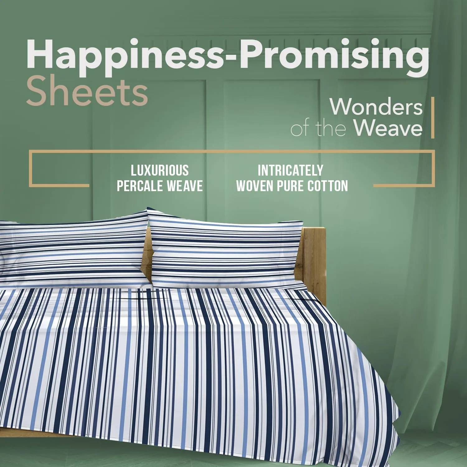 TEXAS LINEN CO. 100% Organic Cotton Percale Sheets King Size - 4 PC Organic Cotton King Size Percale Printed Sheet Sets, Soft, Crisp, Cooling Sheets, 16" Deep Pocket Hotel Bed Set - Variegated Stripe