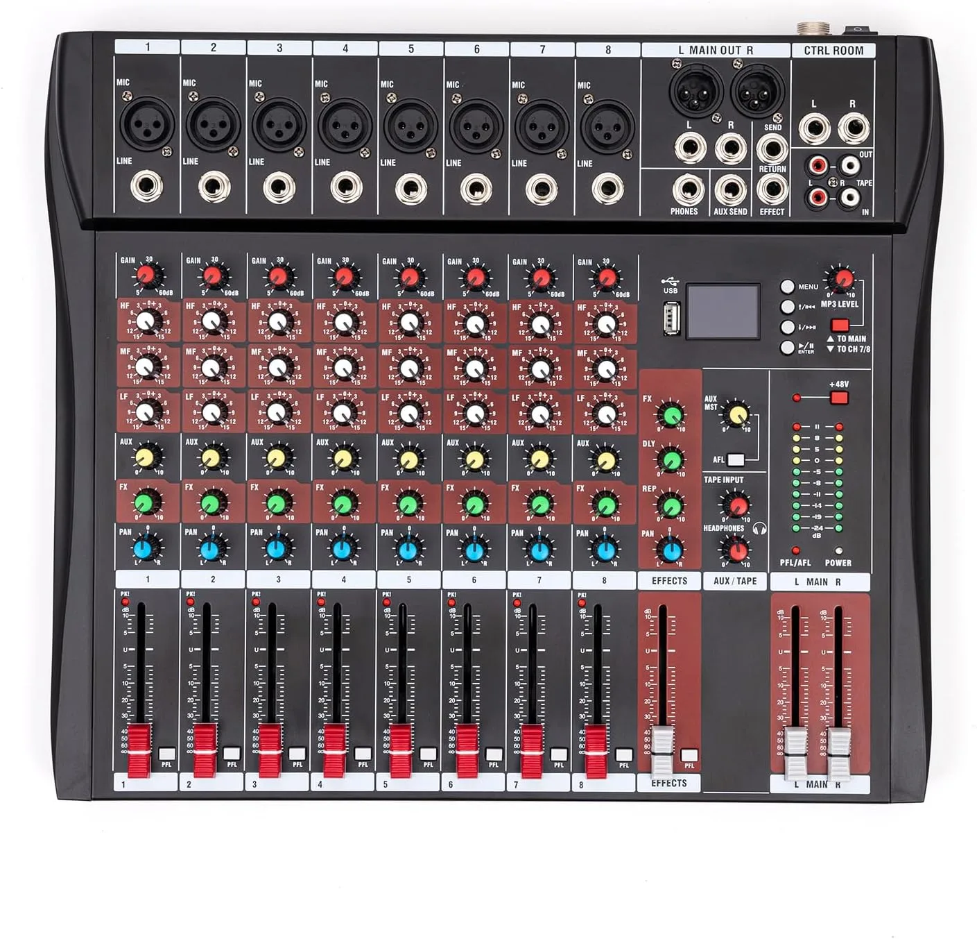 Audio Mixer 8-Channel,DJ Mixer with Bluetooth & 3-Band EQ,Sound Mixer Board with +48V Phantom Power,10-Segment LED,XLR Inputs,Metal Chassis Digital Mixer for Studio Live Music Karaoke