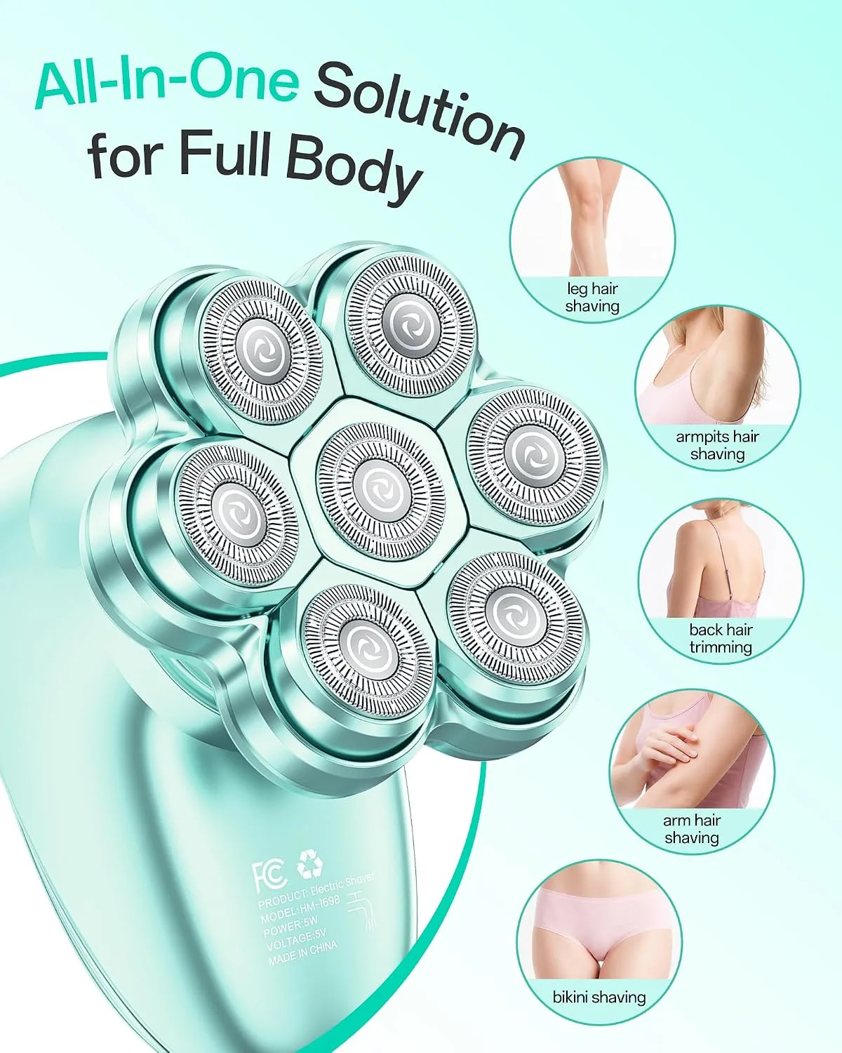 5-in-1 Electric Razors for Women, 7D Electric Shavers for Womens Full Body Legs, IPX7 Waterproof Wet Dry Travel Bikini Trimmers for Lady Face Bikini Arms Underarms