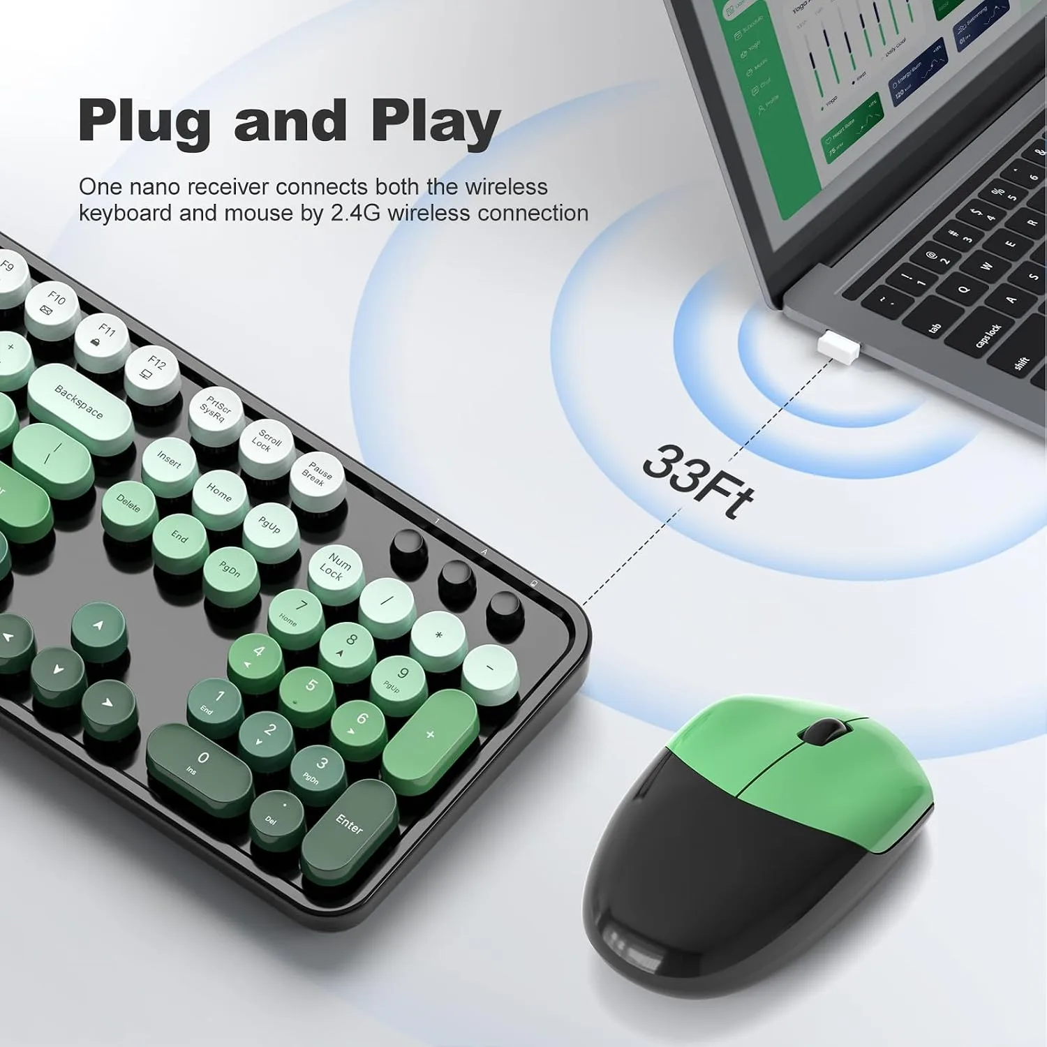 MOFII Wireless Keyboard and Mouse Combo, Full Size 2.4G Plug and Play Typewriter Retro Round Computer Keyboard and Mouse Set for Windows, Computer, Desktop, PC, Notebook - (Black Green Gradient)