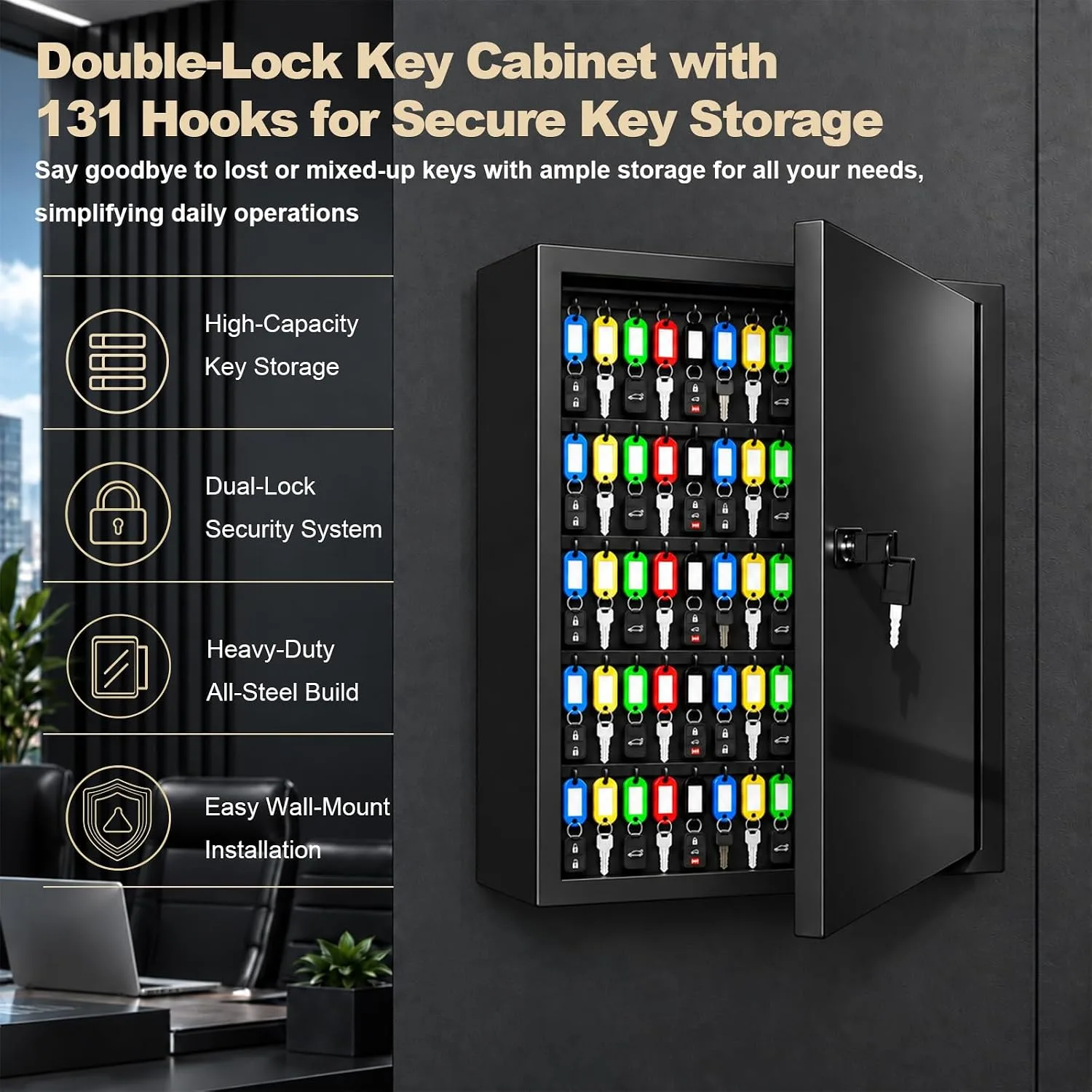 Key Cabinet Lock Box with 131-Keys: Steel Wall Mount Key Box Organizer - Large Storage and Secure Combination Lock Boxes for Home Office Business - Black