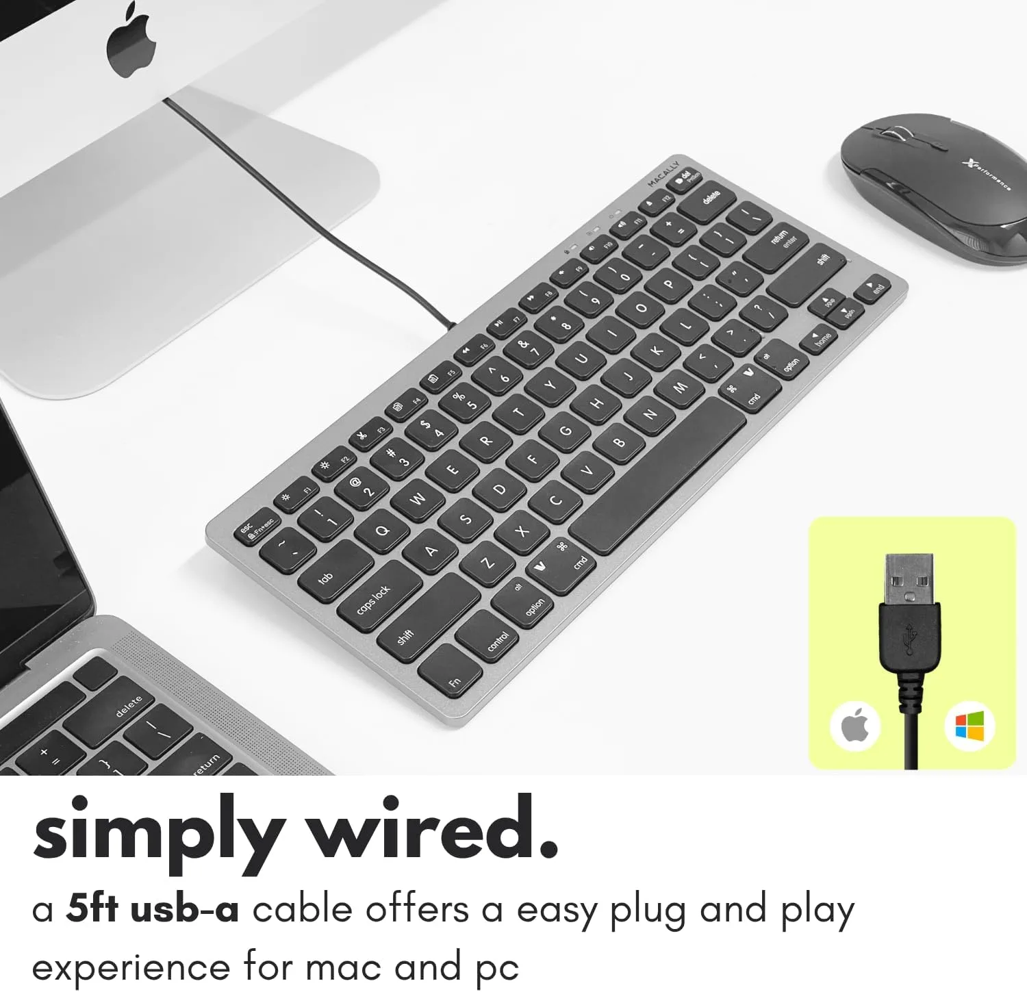Macally Small USB Wired Keyboard for Mac and Windows - 78 Scissor Keys, 13 Shortcut Compatible Apple Keyboard - Mini Compact USB Computer Keyboard That Saves Space and Looks Great - Space Grey