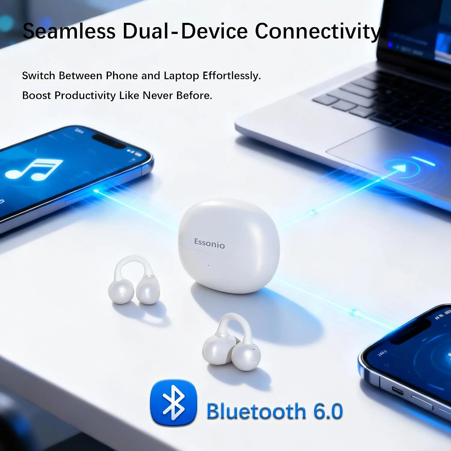 M30 Open Ear Earbuds, Bluetooth 6.0 Wireless Ultra Audio, ENC AI Air Conduction Headphones, 60H Playtime, Stereo Sound, Touch Control, Premium Clip-On Open-Ear Earphones for Office & Daily Use
