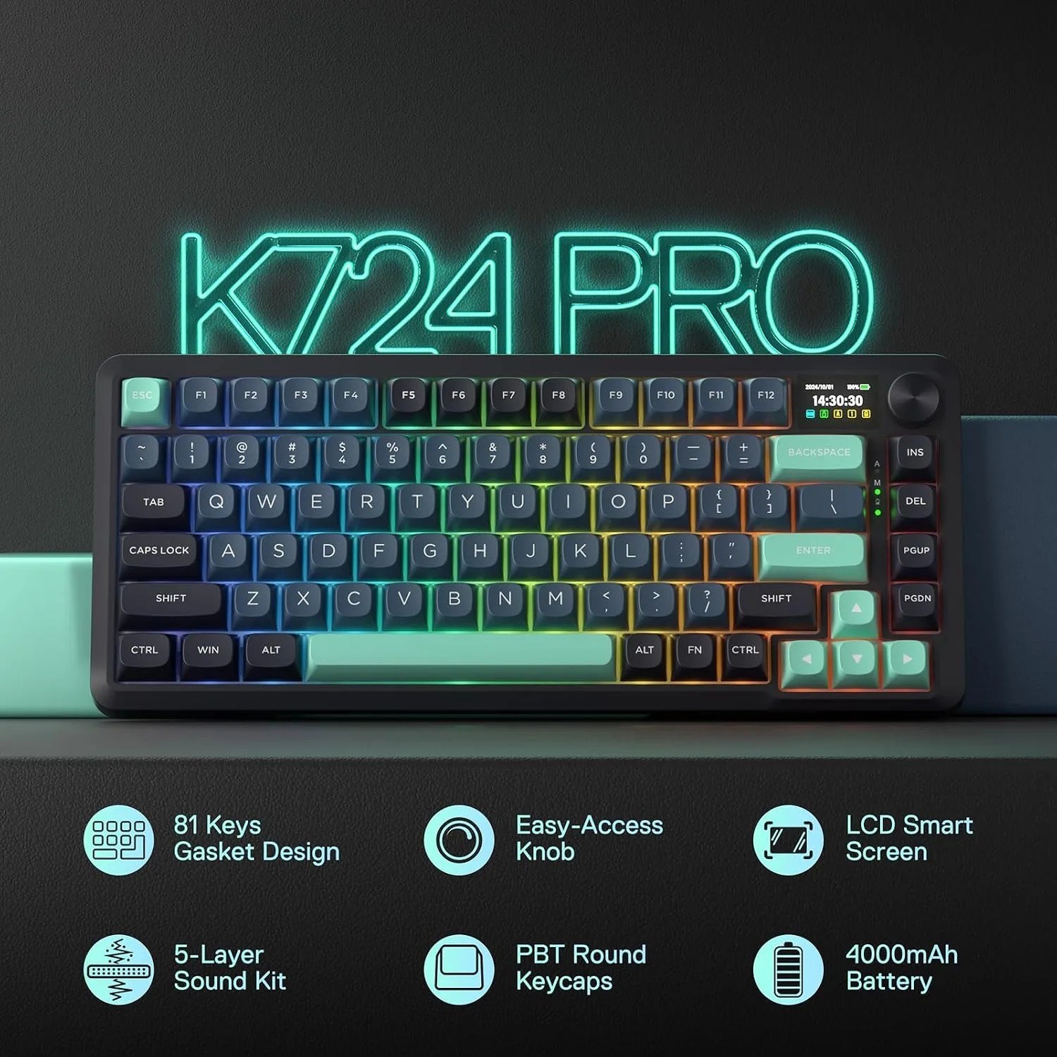 Redragon K724 PRO Wireless 81-Key Gasket Gaming Keyboard, TFT Screen & Knob