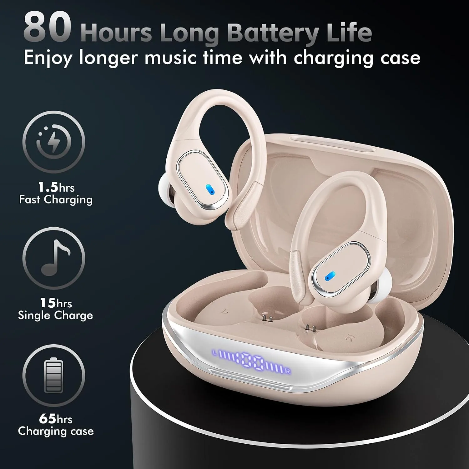 HAOYUYAN Wireless Earbuds, Sports Bluetooth Headphones, 80Hrs Playtime Ear Buds with LED Power Display, Noise Canceling Headset, IPX7 Waterproof Earphones for Workout/Running（Oatmeal White）