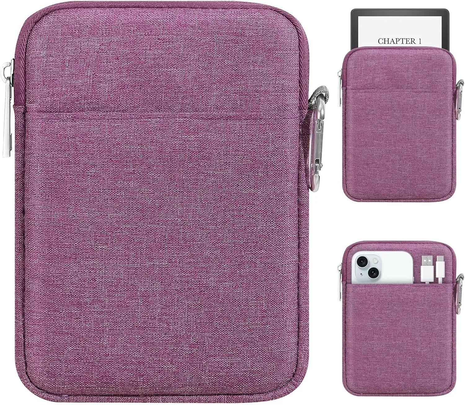 MoKo Padded Ereader Sleeve Case for 6-7 inch Ereader Tablet Bag Protective Cover Pouch with a Carabiner, Compatible with 7" Colorsoft Signature Edition 2024, Purple