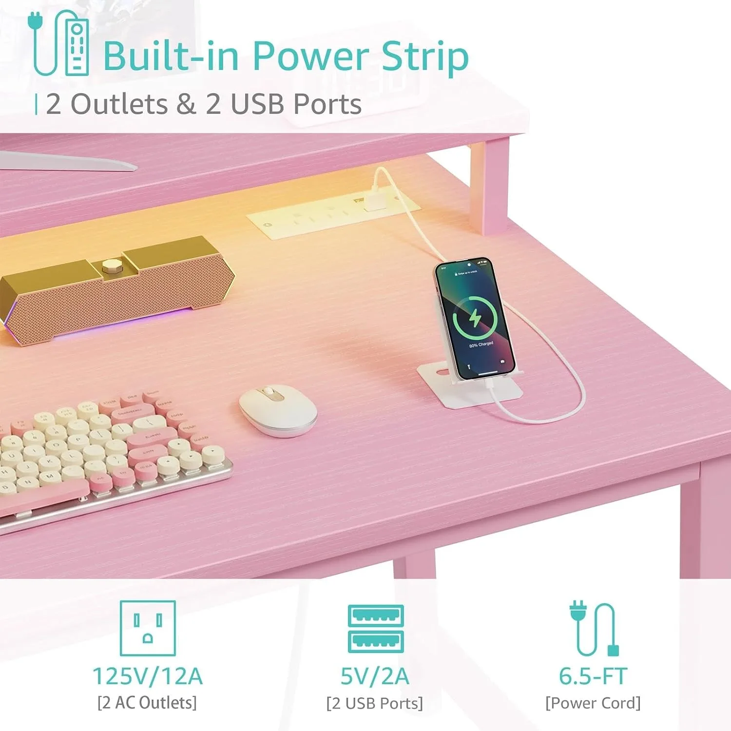 Lufeiya Girls Desk with Power Outlets and LED Lights, 40 Inch Gaming Desk Table with Charging Station, Home Office Computer Desks with Monitor, Pink