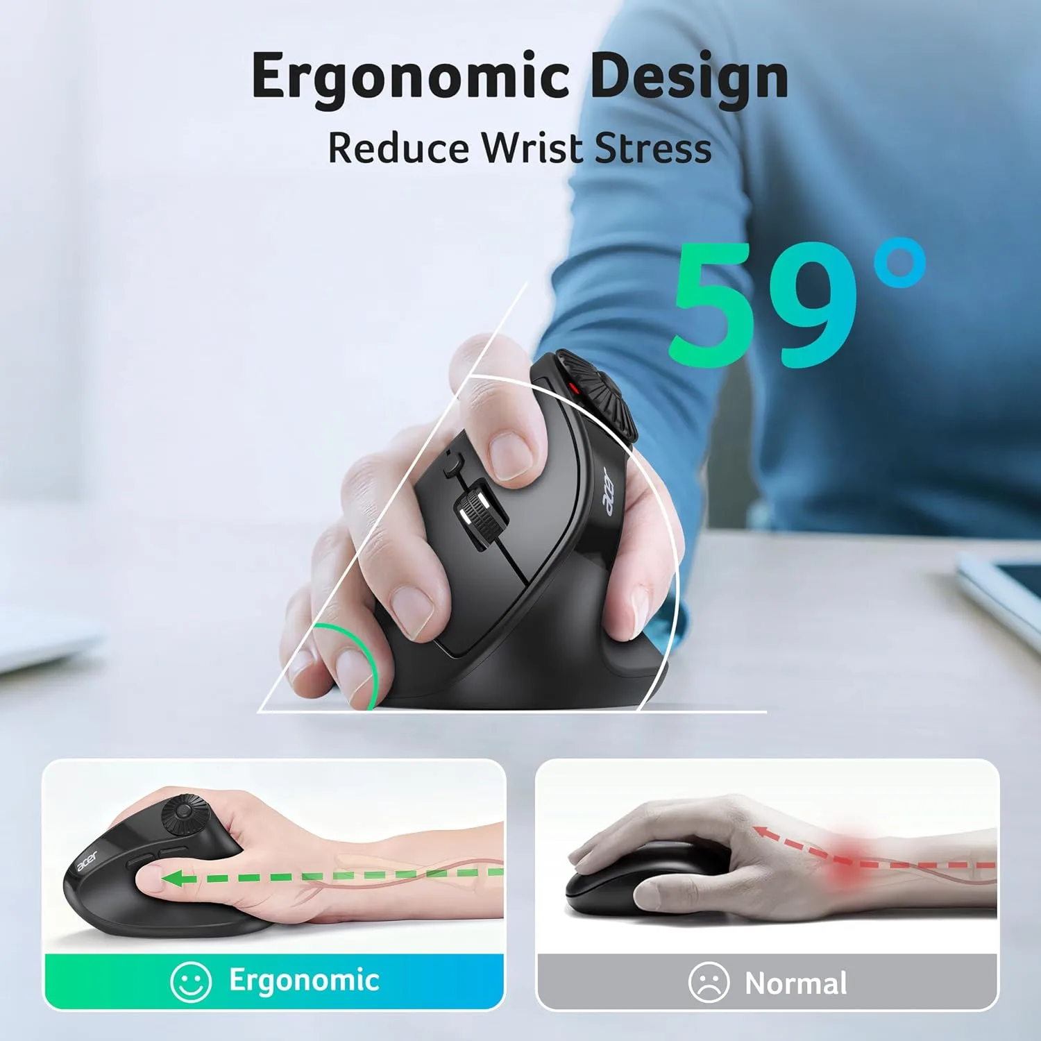 Acer Ergonomic Mouse Wireless with Side Scroll, Bluetooth Mouse for Laptop