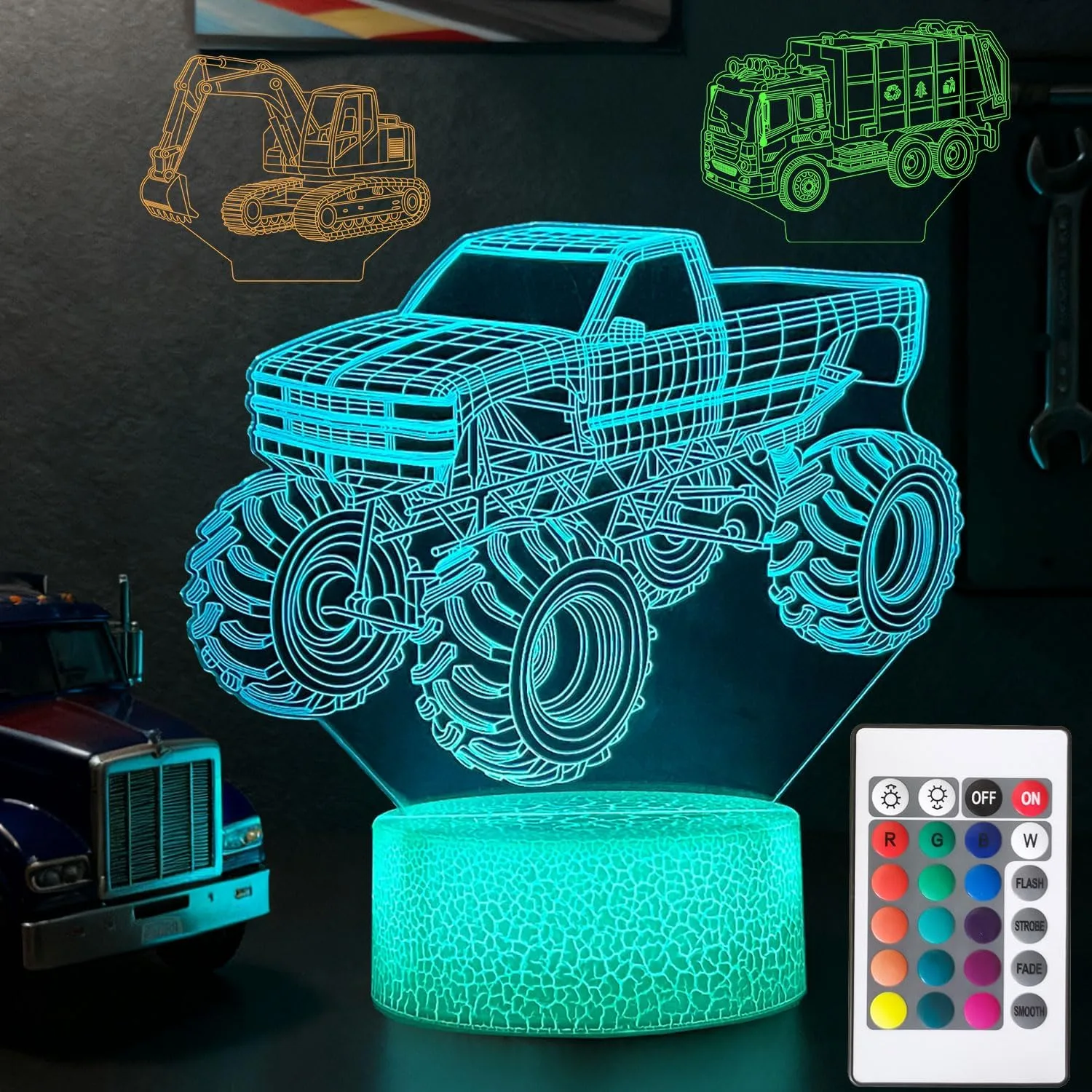 Boys Night Light with 3 Patterns, 3D Acrylic Car Illusion Lamp, Monster Truck Room Decor, 16 Color Changing with Remote Control, Birthday & Holiday Gift for Monster Truck Fans