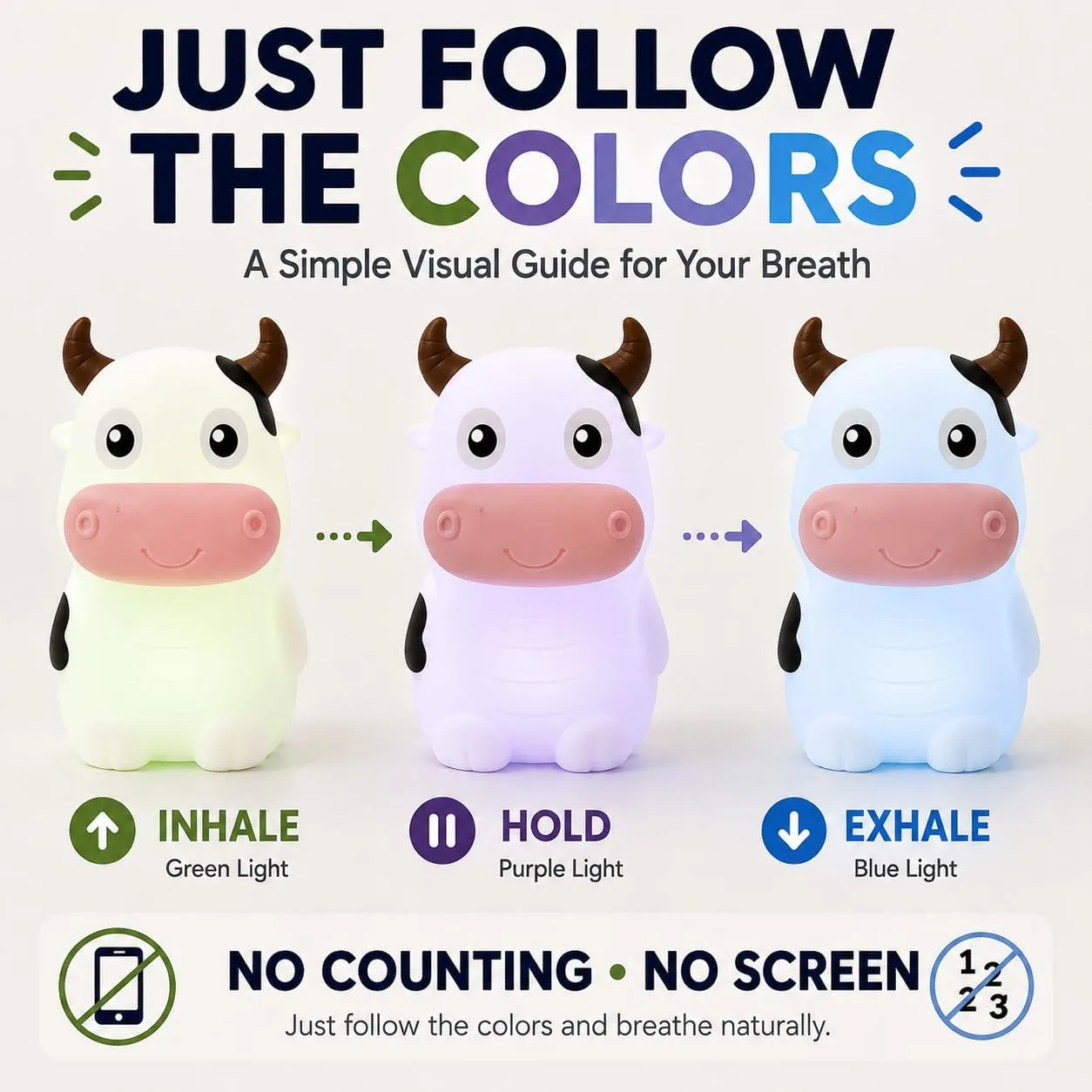 Breathing Loong Guided Visual Breathing Light for Mindfulness Relief | Relaxation Tool | Focus Meditation Device & Calming Night Light | Ideal for All Ages, Home & School Use (Cow)