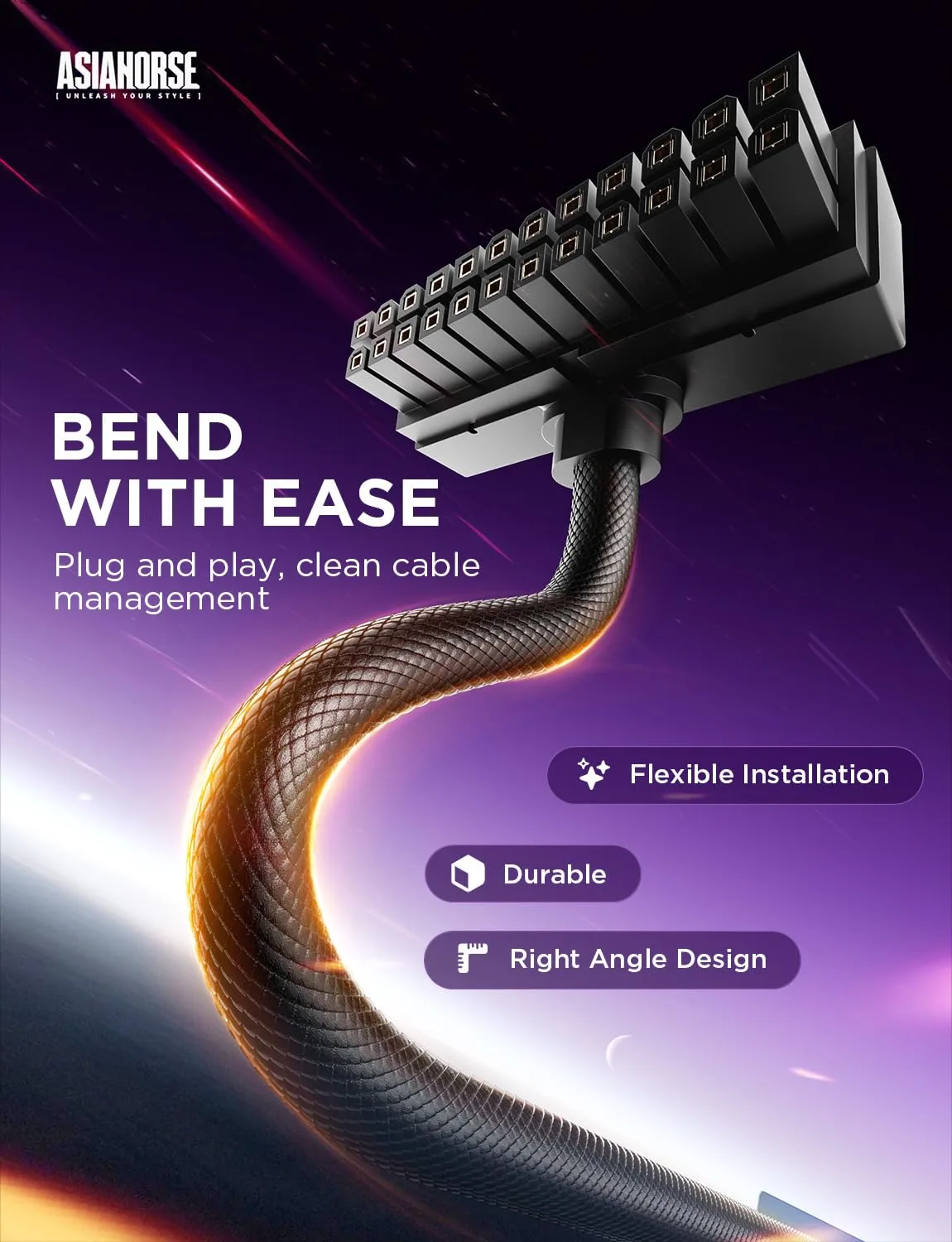 AsiaHorse Hydrus-24PIN PC PSU Extension Cable ARGB LED, Copper Wire Motherboard Power Extension Cable Integrated Minimalist Design, 2000W Power (Whole Set), PC Power Cord for Cable Management & DIY