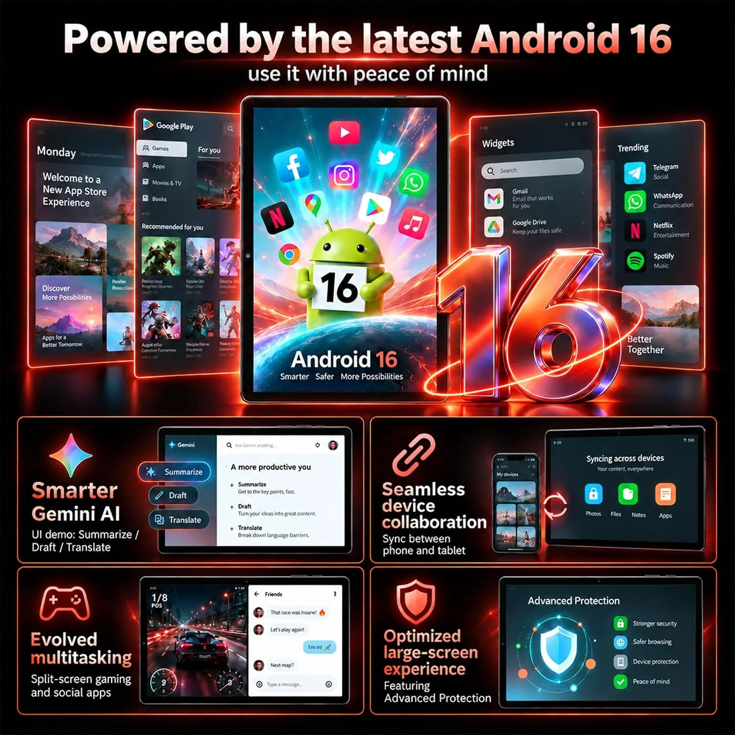Android Tablet, 2026 Android 16 Tablet with Keyboard, 32GB+256GB, Gemini AI