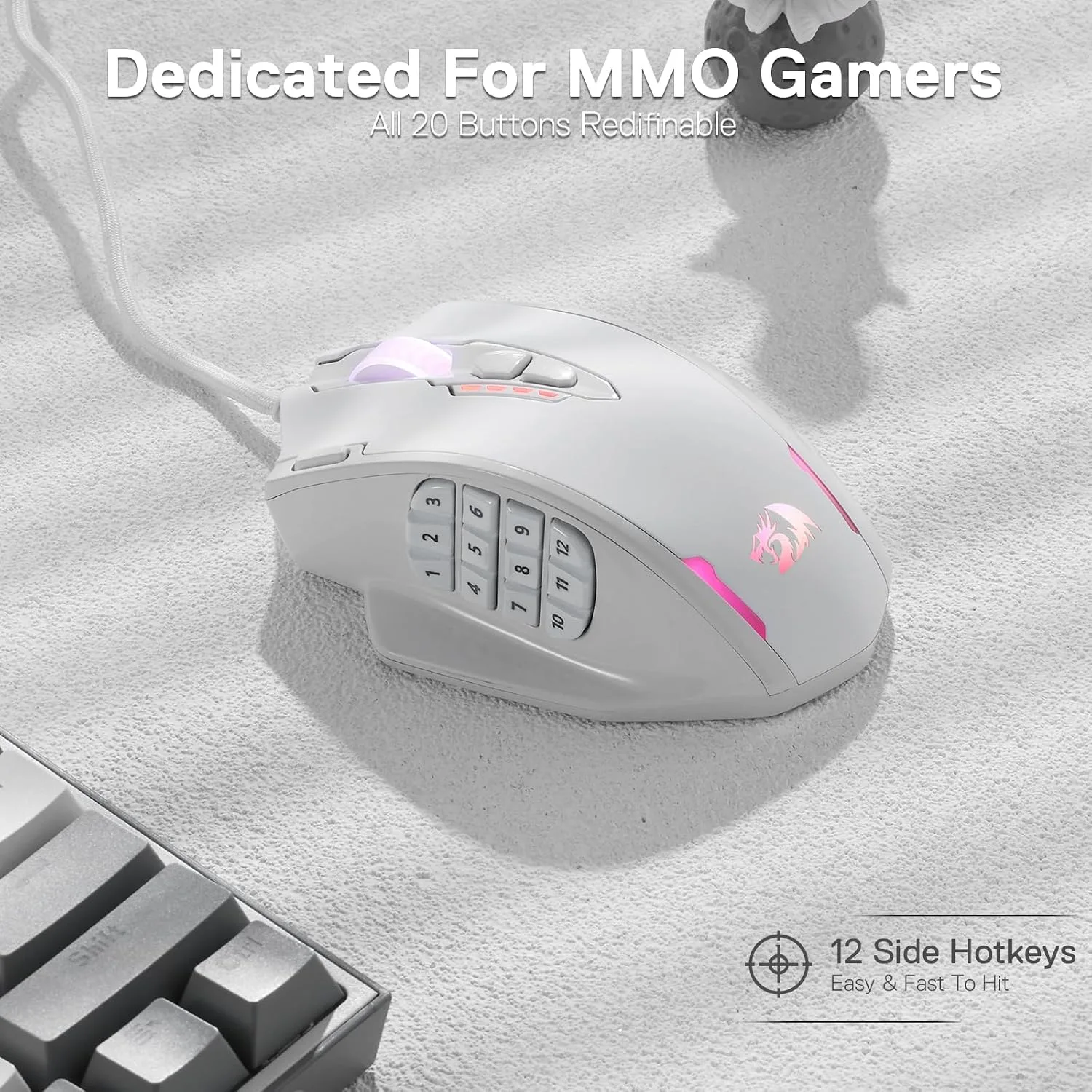 Redragon M908 Impact RGB LED MMO Gaming Mouse with 12 Side Buttons, Optical Wired Ergonomic Mouse with Max 12,400DPI, High Precision, 18 Programmable Macro Shortcuts, Comfort Grip, White