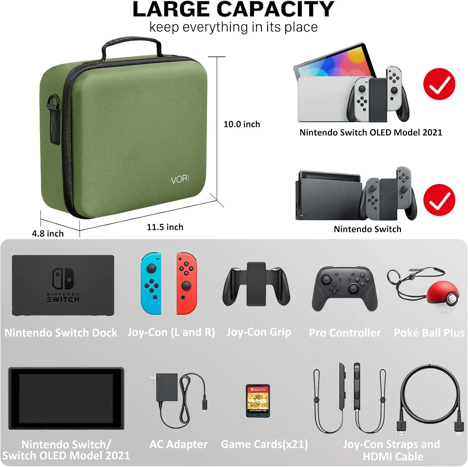 VORI Carrying Case for Nintendo Switch/Switch OLED Model (2021), Hard Travel Storage Protective Case with Handle and Shoulder Strap for Pro Controller, Poke Ball Plus and Switch Accessories, Green