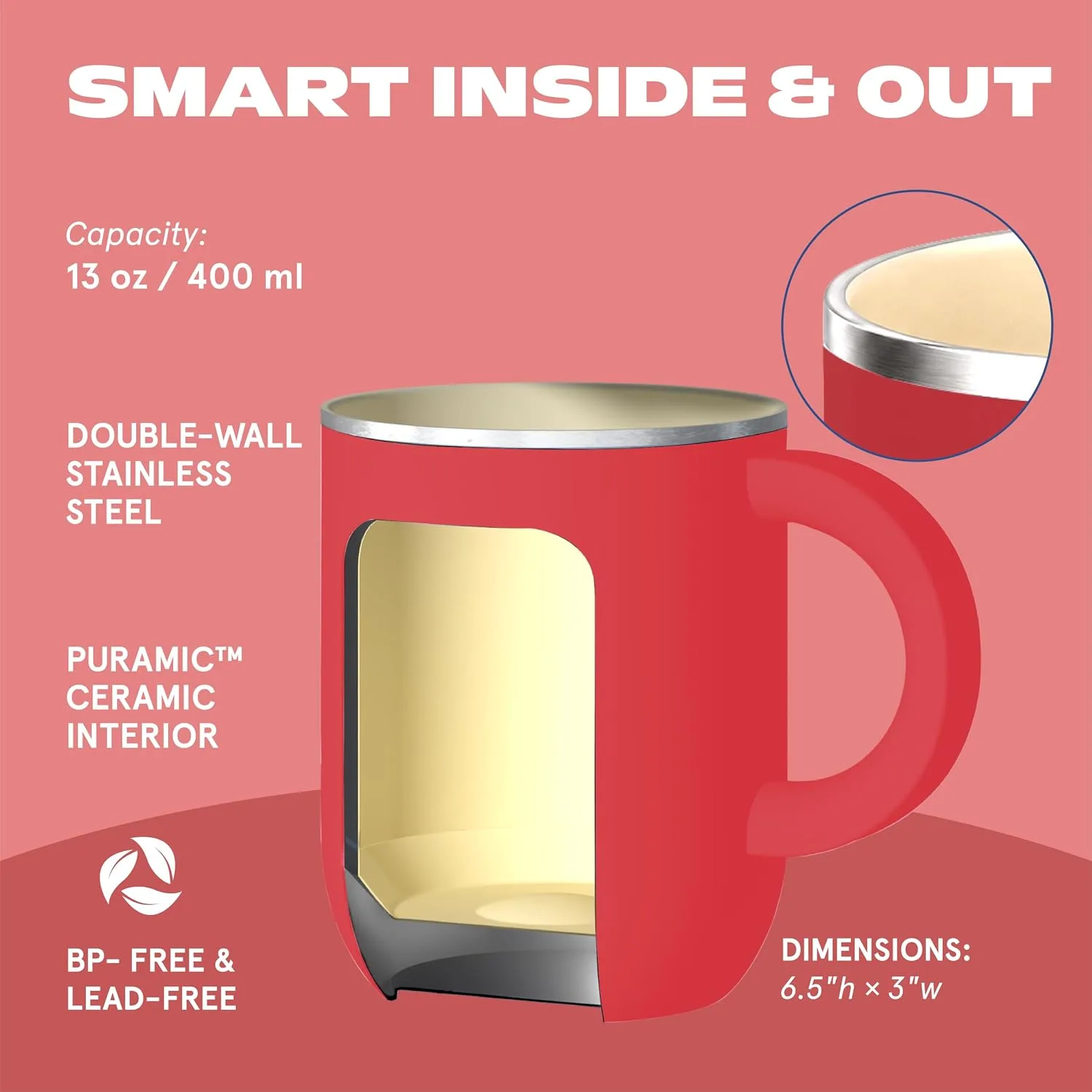 asobu Happy Hat Mug – 12 oz Double-Walled Stainless Steel Insulated Cup with Beanie-Shaped Lid – Ceramic Inner Coating – Spill-Proof and Ergonomic Design for Home and Travel (Red)