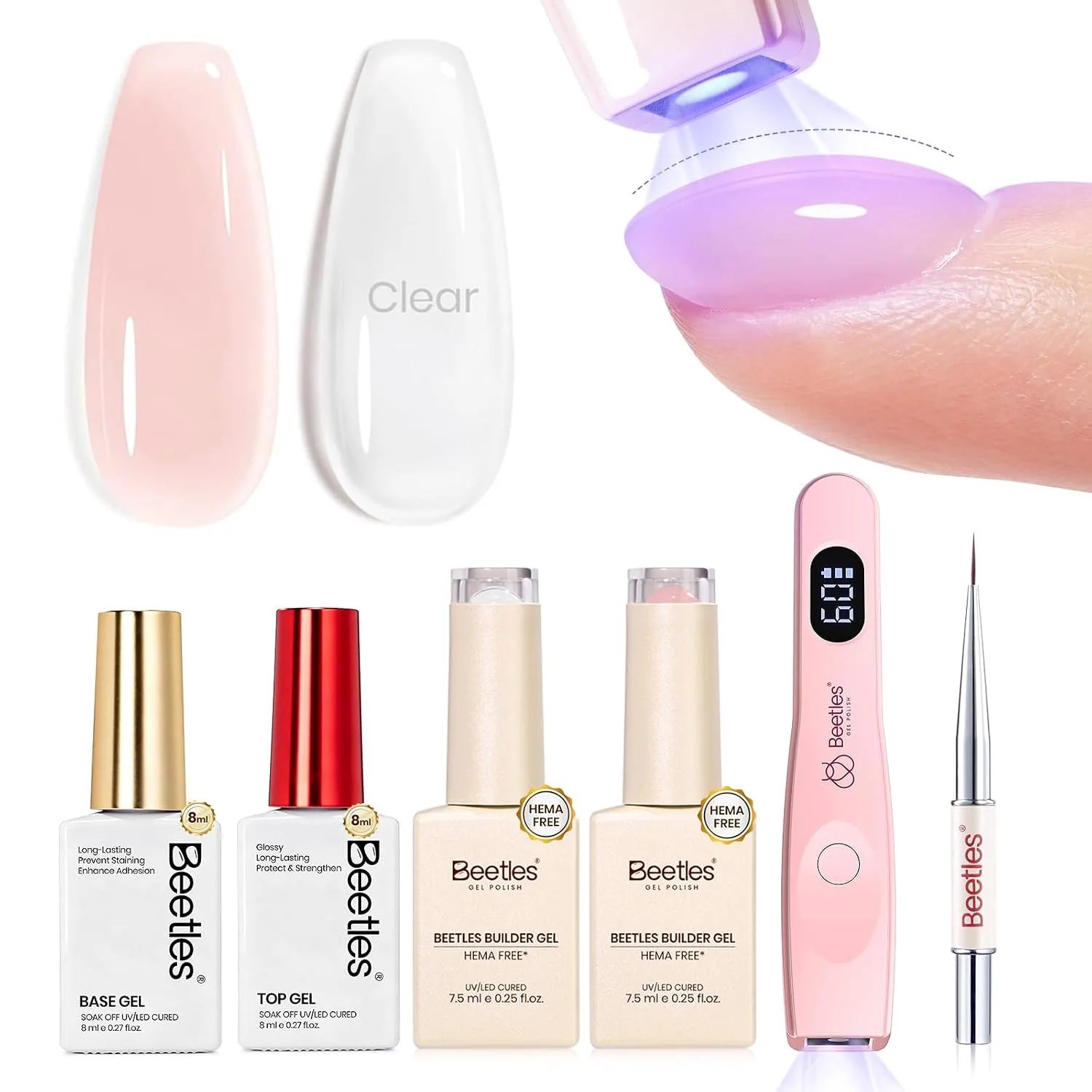 Beetles Builder Gel Nail Kit Clear & Nude Pink, Base Top Coat UV Nail Lamp