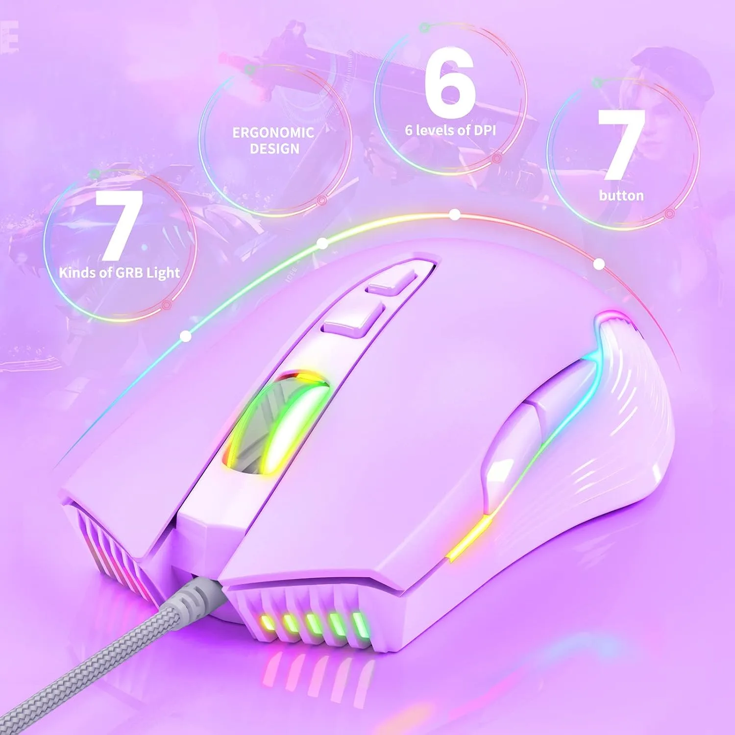 RGB Gaming Mouse Wired, 6400 DPI & 7 Buttons, Lilac