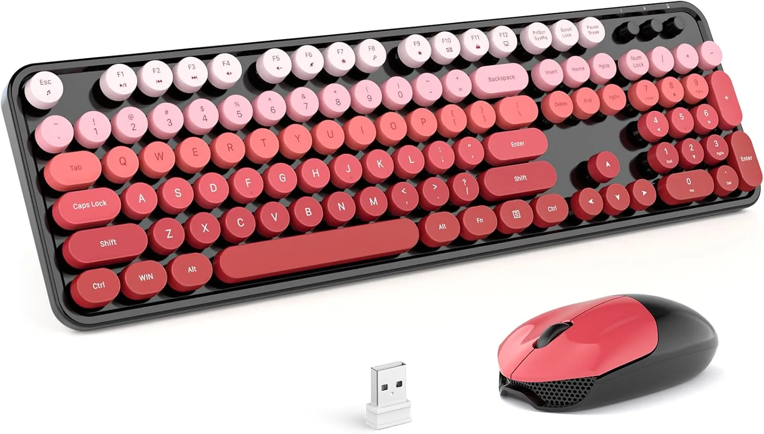 MOFII Wireless Keyboard and Mouse Combo, Full Size 2.4G Plug and Play Typewriter Retro Round Computer Keyboard and Mouse Set for Windows, Computer, Desktop, PC, Notebook - (Black Red Gradient)