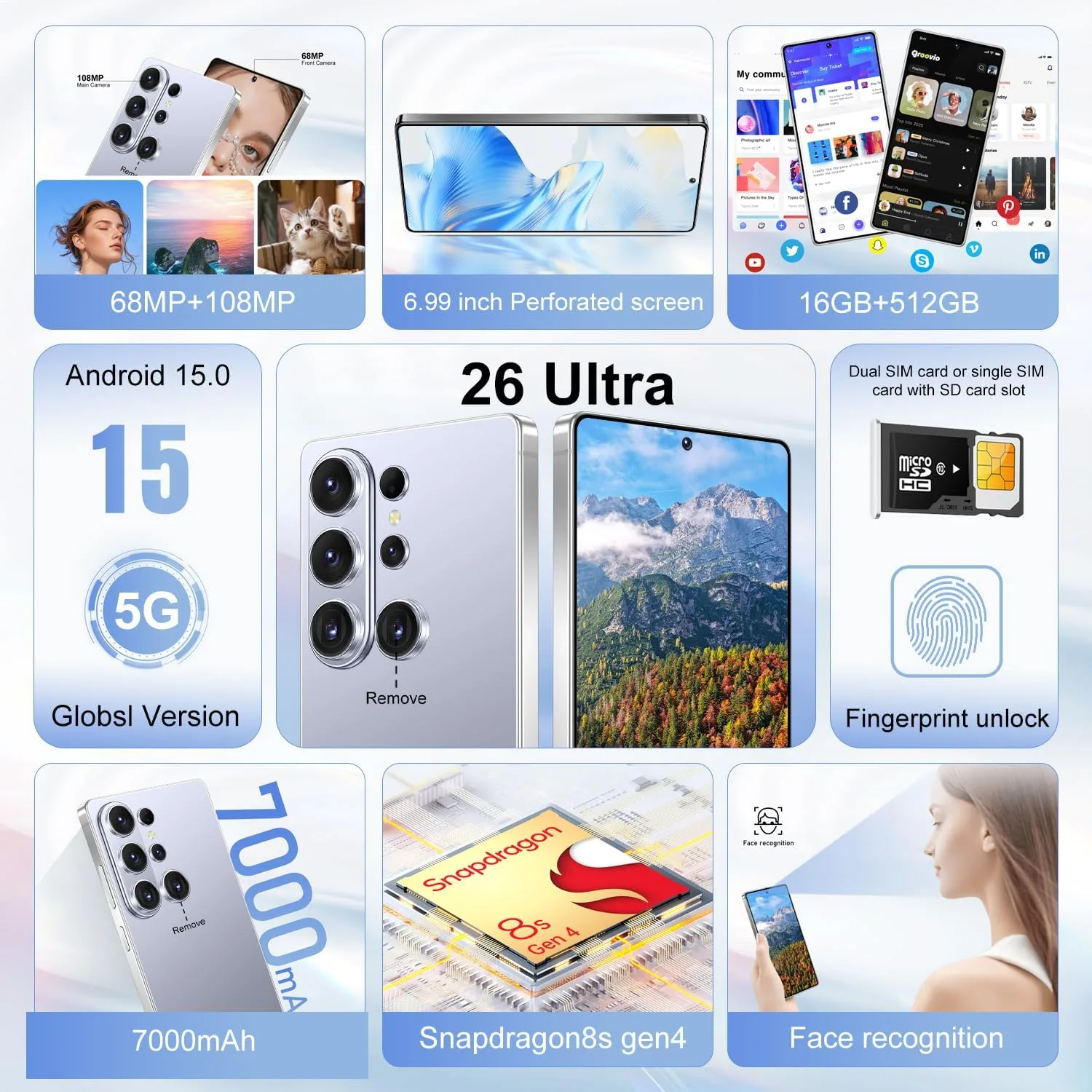 Huness S26 Ultra Unlocked Phone,Built in Pen The Phone,Cell Phone Battery 7000mAh 6.99" HD Screen,Android 15 16+512GB Smartphone,Dual SIM/5G/Face ID/Fingerprint Lock/GPS (Silver Blue)