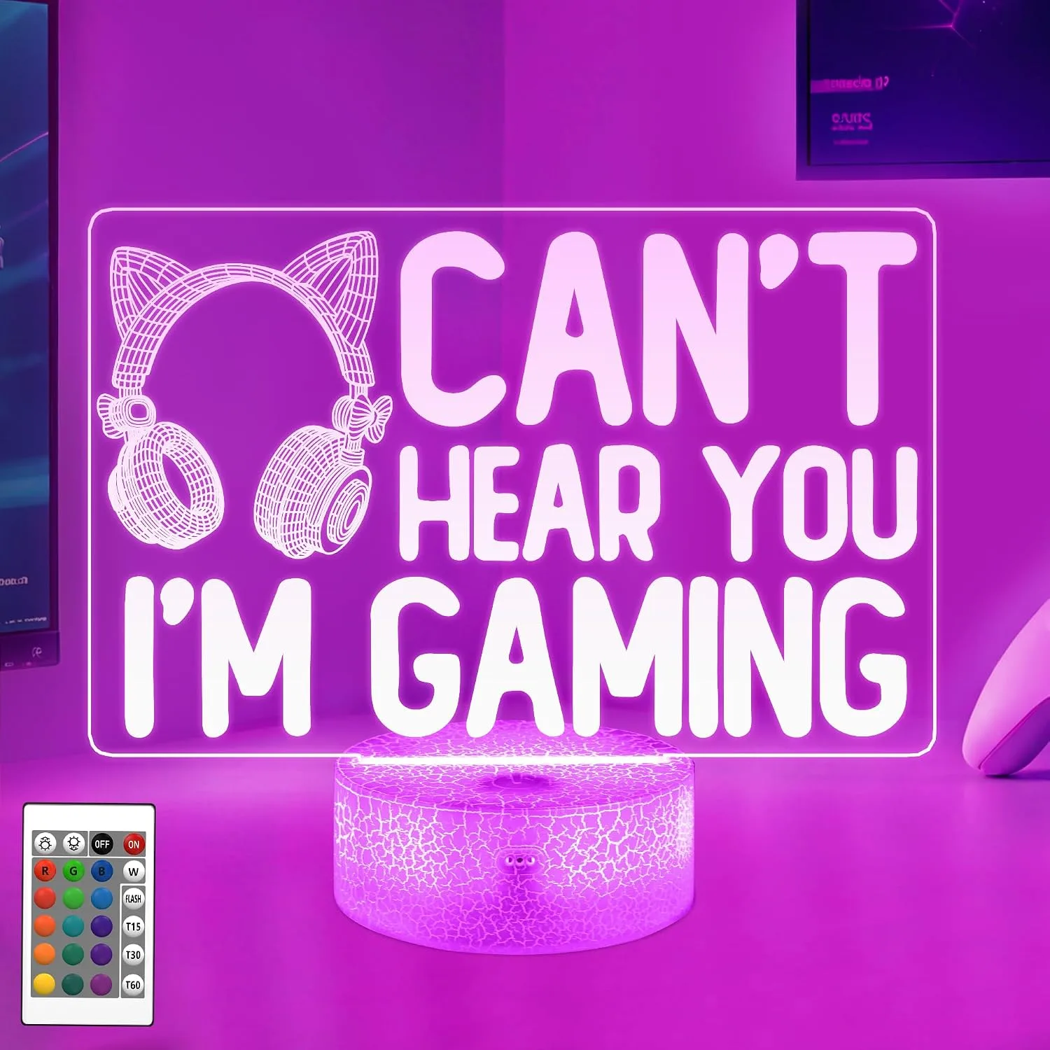 YuanDian Can't Hear You I'm Gaming Night Light, Headset Graphic Video Games Gamer Gift Funny 3D Illusion Lamp 16 Colors Changing Touch & Remote Control for Women Gamers Teenagers and Girls