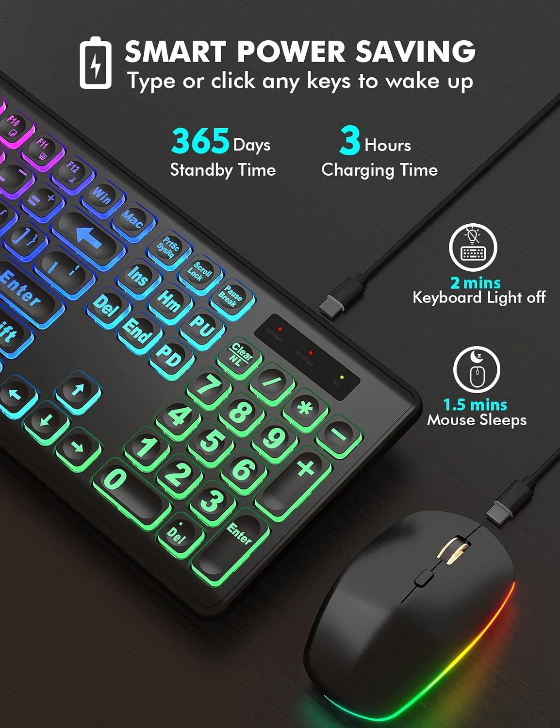 Wireless Keyboard and Mouse Combo with RGB Backlit, Rechargeable