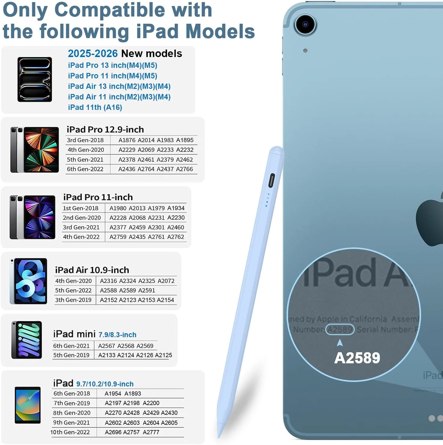 DOGAIN A8 Stylus Pen for iPad 2018-2026, Fast Charge, Palm Rejection-Blue