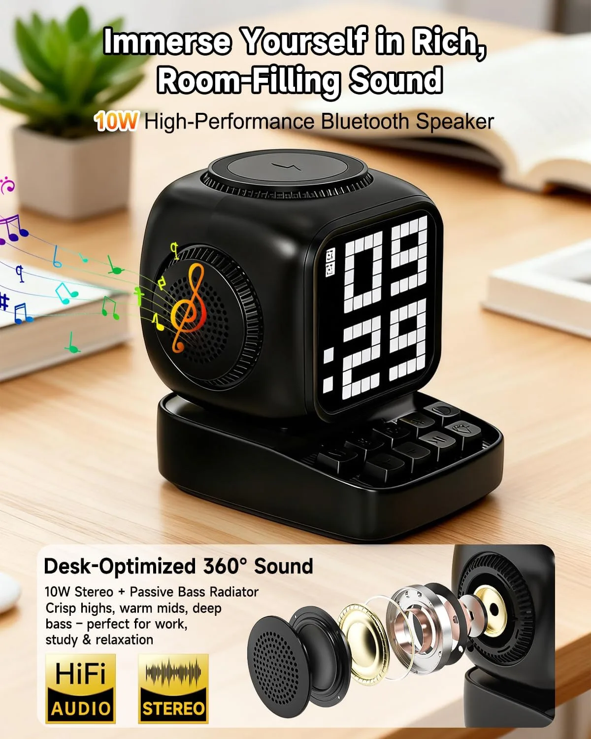 Retro Robot 5-in-1 Bluetooth Speaker: 15W Wireless Charger, Pixel LED Screen, 10W Stereo Sound & 15 White Noise, Alarm Clock, Cute Portable Wireless Speaker for Bedroom Desk Office, Birthday Gifts