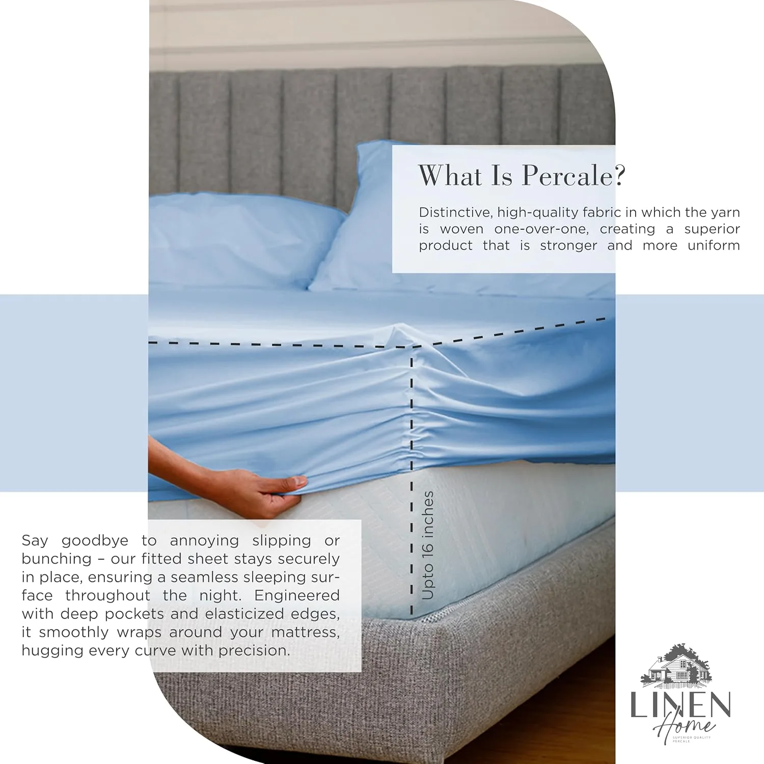 Linen Home 100% Cotton Percale King Sheets, 4 Pc Cooling Set - Baby Blue