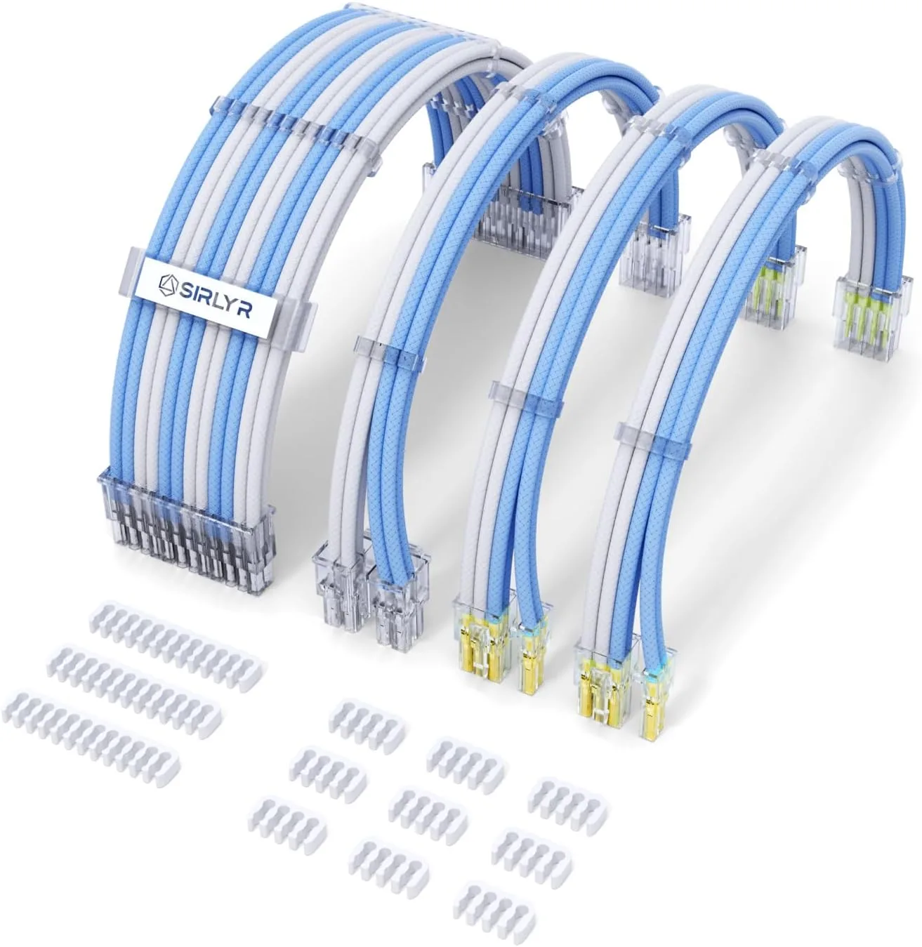 Sirlyr Blue/White Sleeved PSU Extension Cables Kit,24/8Pin,Pre-Bend