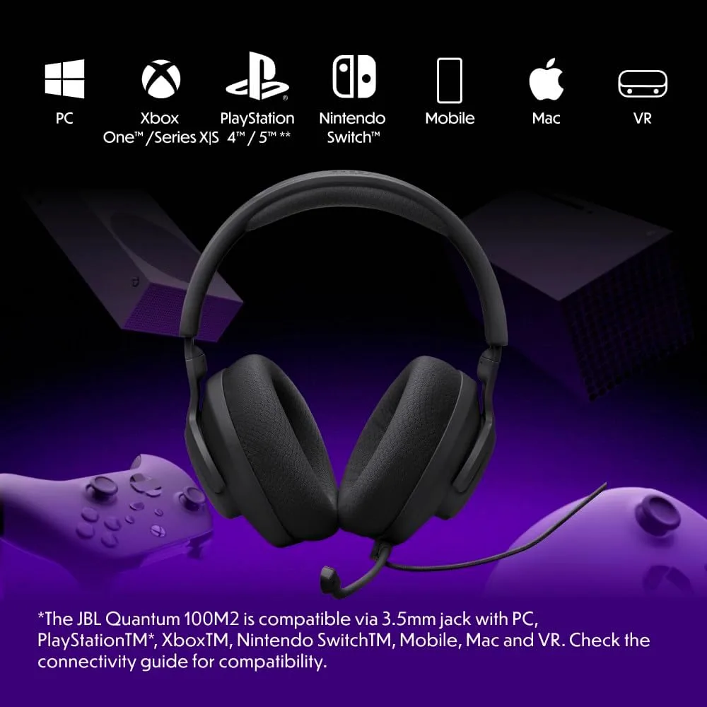 JBL Quantum 100M2 Wired Gaming Headset, Detachable Mic - Black