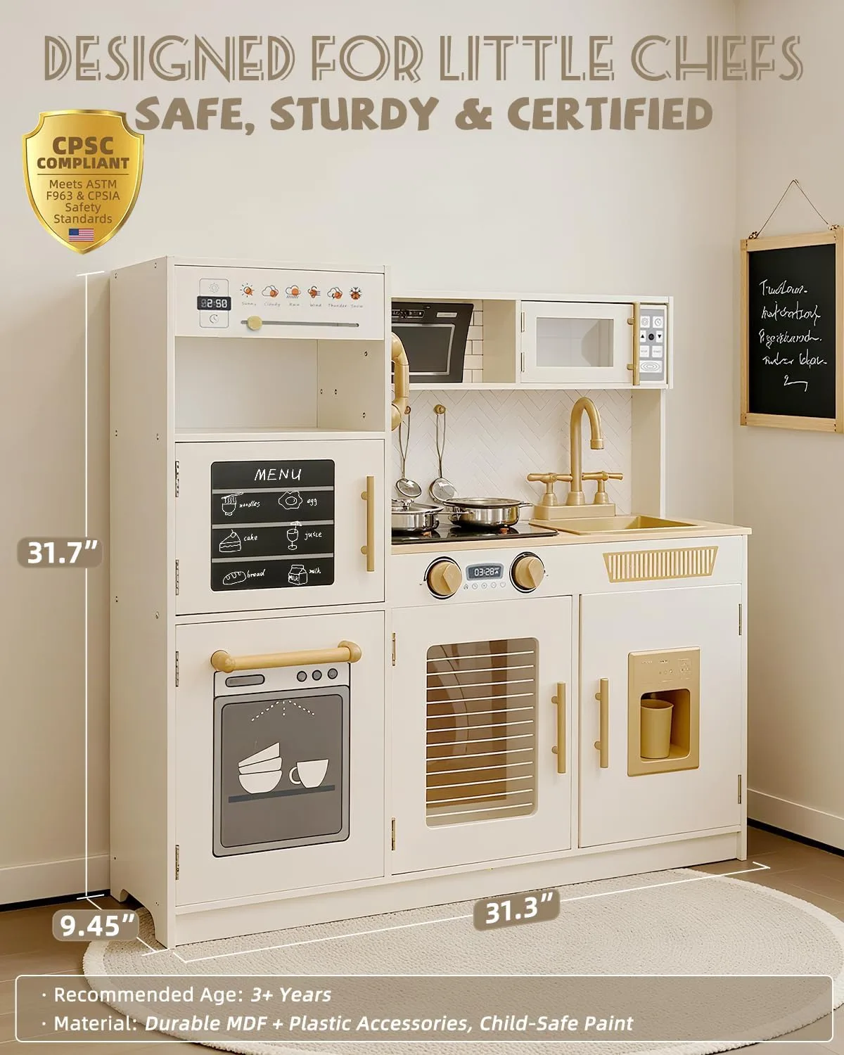 YUG Heavy-Duty Wooden Play Kitchen Set with Real Lights & Sounds, Compliant Premium Pretend Kitchen Toy Including Stove, Oven, Ice Maker, Range Hood, for Kids Ages 3+, ASTM CPSIA Compliant