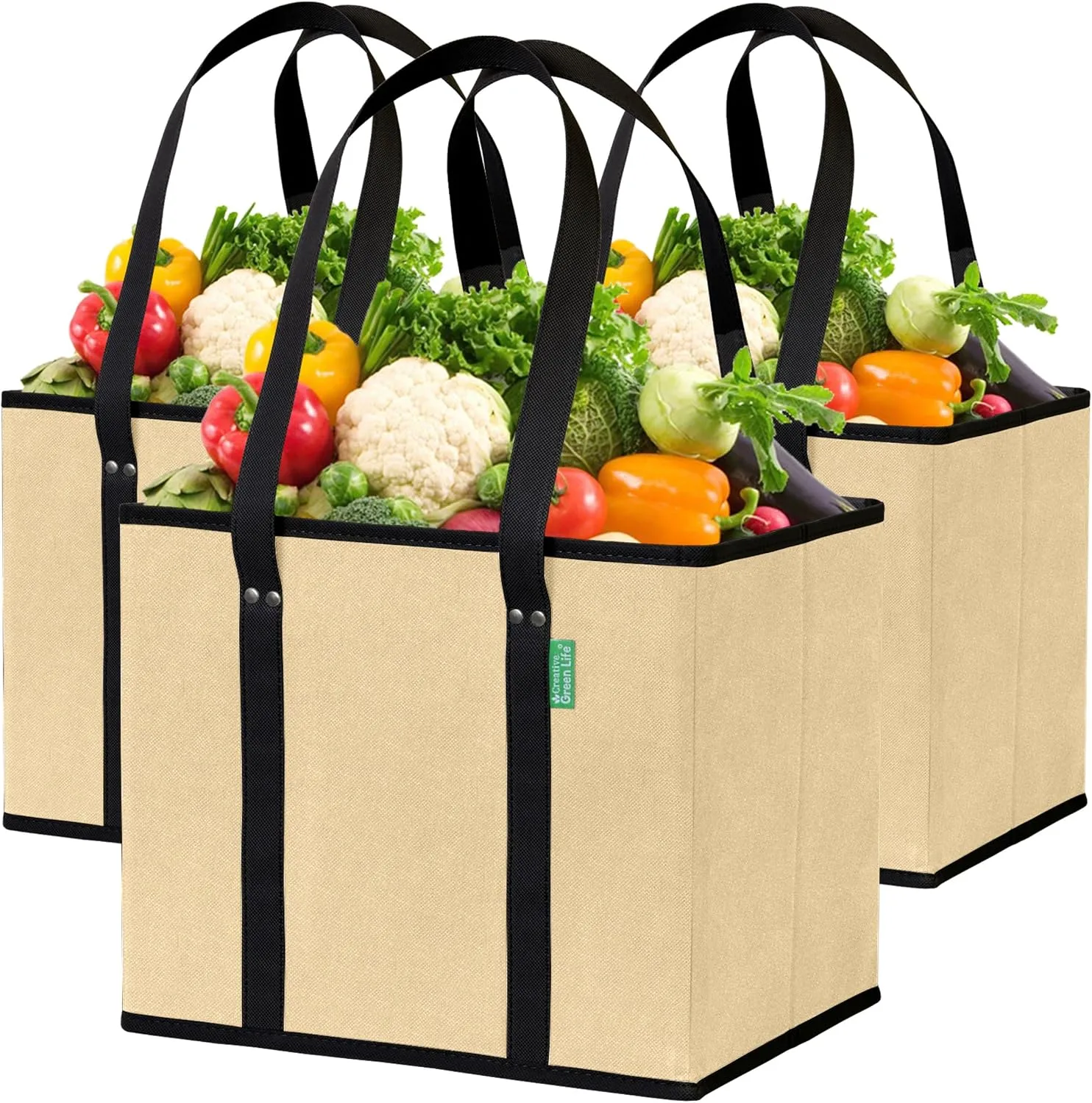 Reusable Grocery Bags (3 Pack) – Heavy Duty Reusable Shopping Bags, Beige