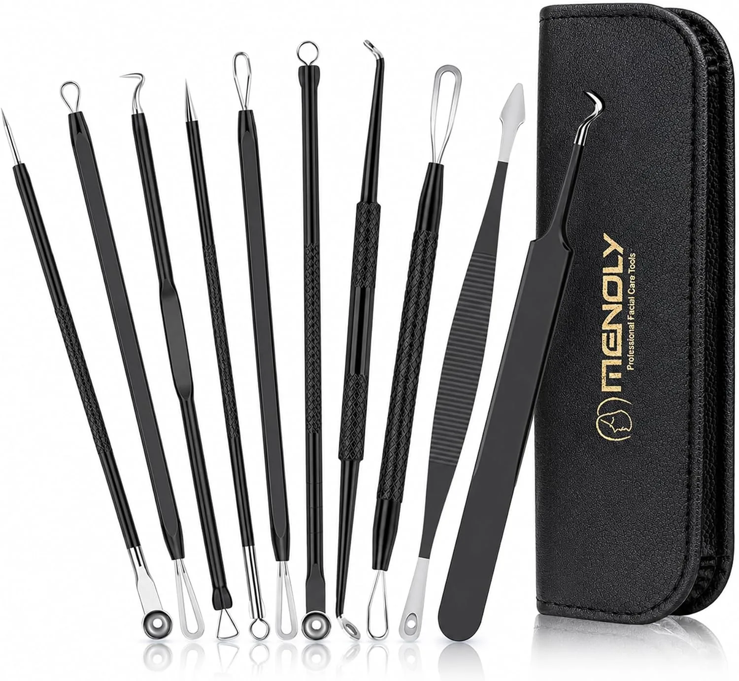 MENOLY Pimple Popper Tool Kit 10 Pcs Blackhead Remover Tool Zit Popper for Blemish, Pimple Comedone Extractor Acne Tool for Blackheads, Acnes, Whiteheads Nose Face Tools with Leather Bag