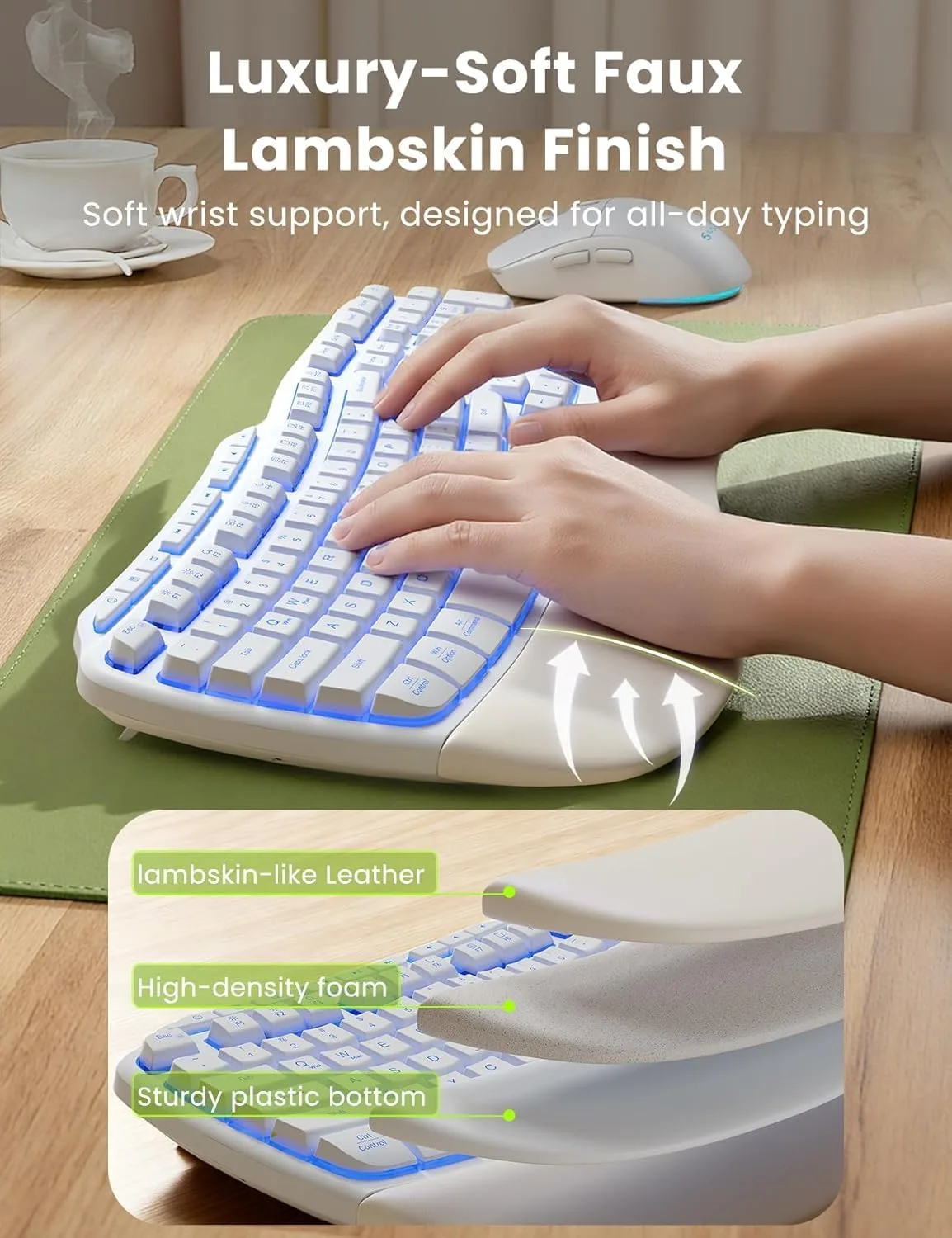 SABLUTE White Wireless Keyboard and Mouse Combo, Light up Ergonomic Keyboard Set, 2.4G Full Size Ergo Wave Key Board with Cushioned Plam Rest, Silent Mouse, for Computer/Laptop/Windows/Mac