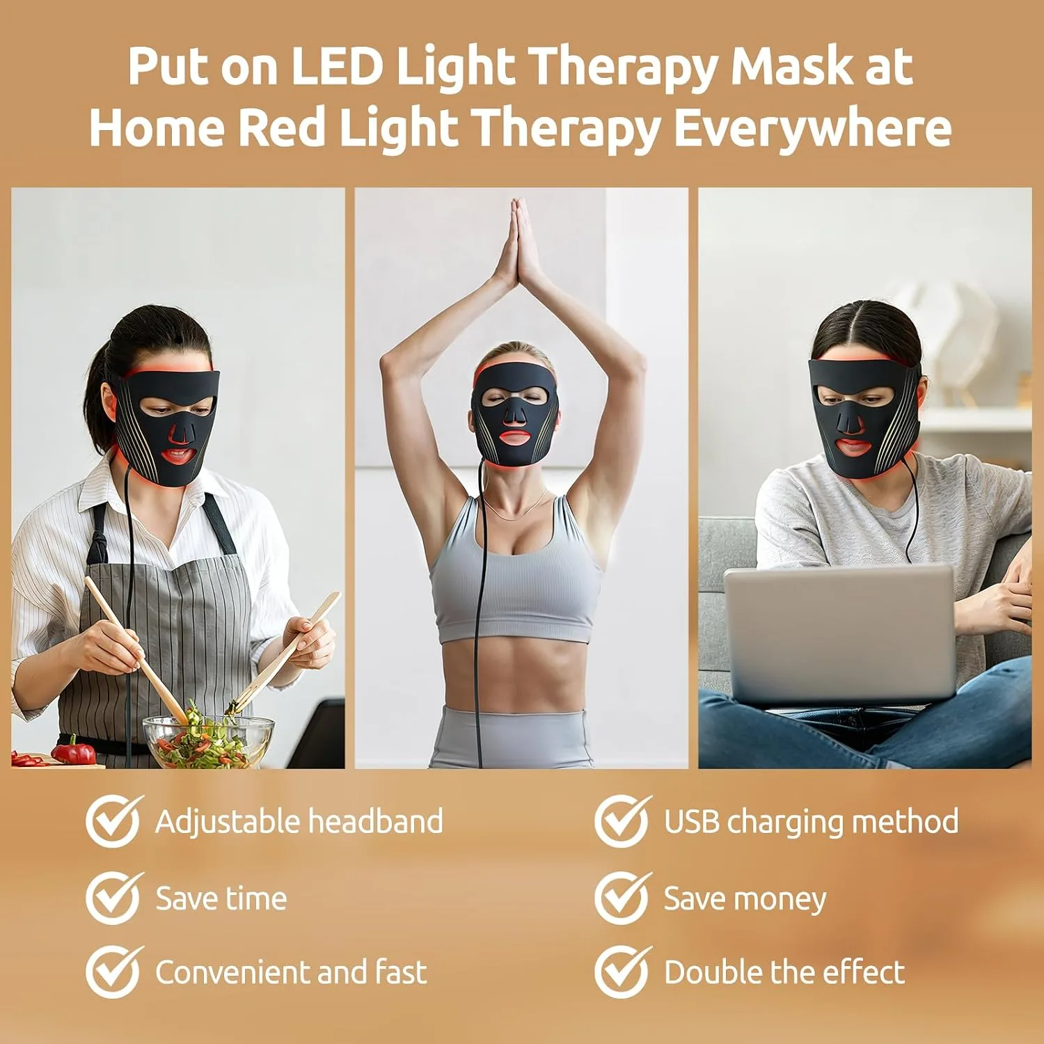 Red Light Therapy Mask for Face,Infrared Red Light Therapy Mask,Ideal for Facial Wrinkles, Acne, and Uneven Skin Texture.LED Therapy Mask,Ideal for Home, Work,Travel & Yoga,Black
