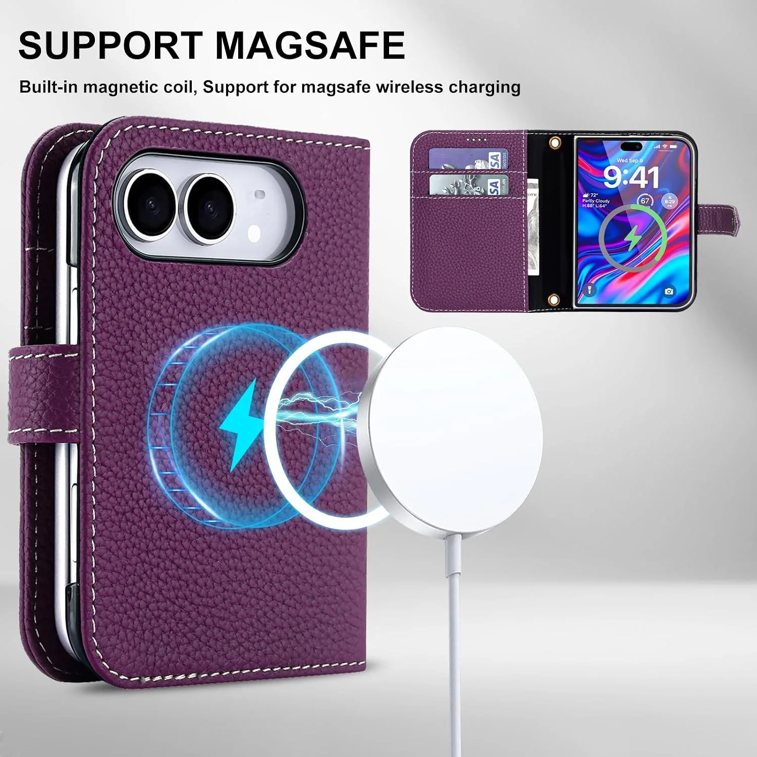 for iPhone Duo Case Wallet Genuine Leather for Magsafe, Purple
