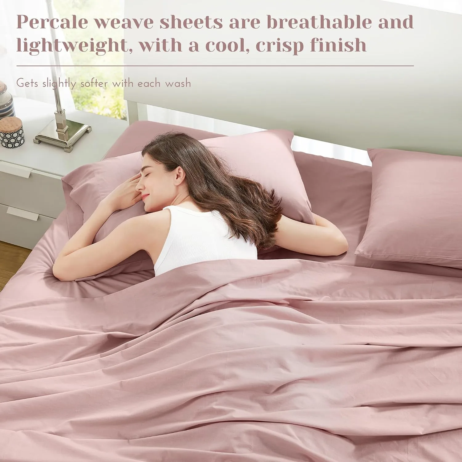 Comfort Spaces 100% Cotton Percale Sheets Queen Sheet Set 4 Pcs, Pink