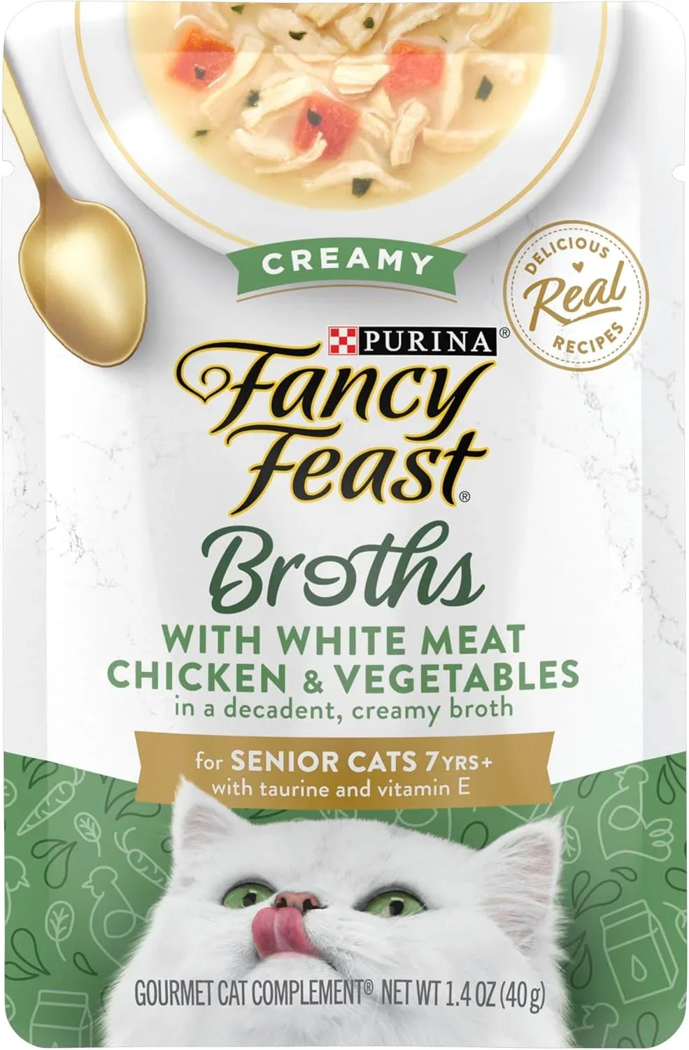 Purina Fancy Feast Broths Creamy Senior Cat Food Topper With White Meat Chicken & Vegetables, Pack of 16, 1.4 oz Pouches