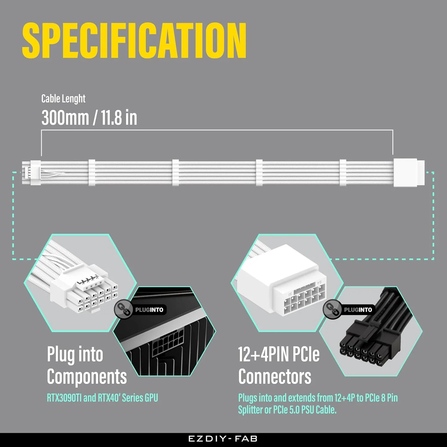 EZDIY-FAB 16pin (12+4) 12VHPWR PCIe 5.0 GPU Power Sleeved Cable Extension, Male to Female, Compatible with RTX 5080, 5070, 4090, 4080, 4070,16AWG with Cable Combs-All White