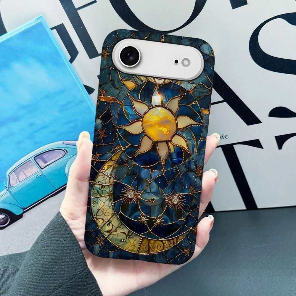 Case Compatible with iPhone 17 Air,Fall Prevention Hybrid 2-Layer Hard Shell Phone Cover for Girls Boys,Sun Moon Celestial Glass
