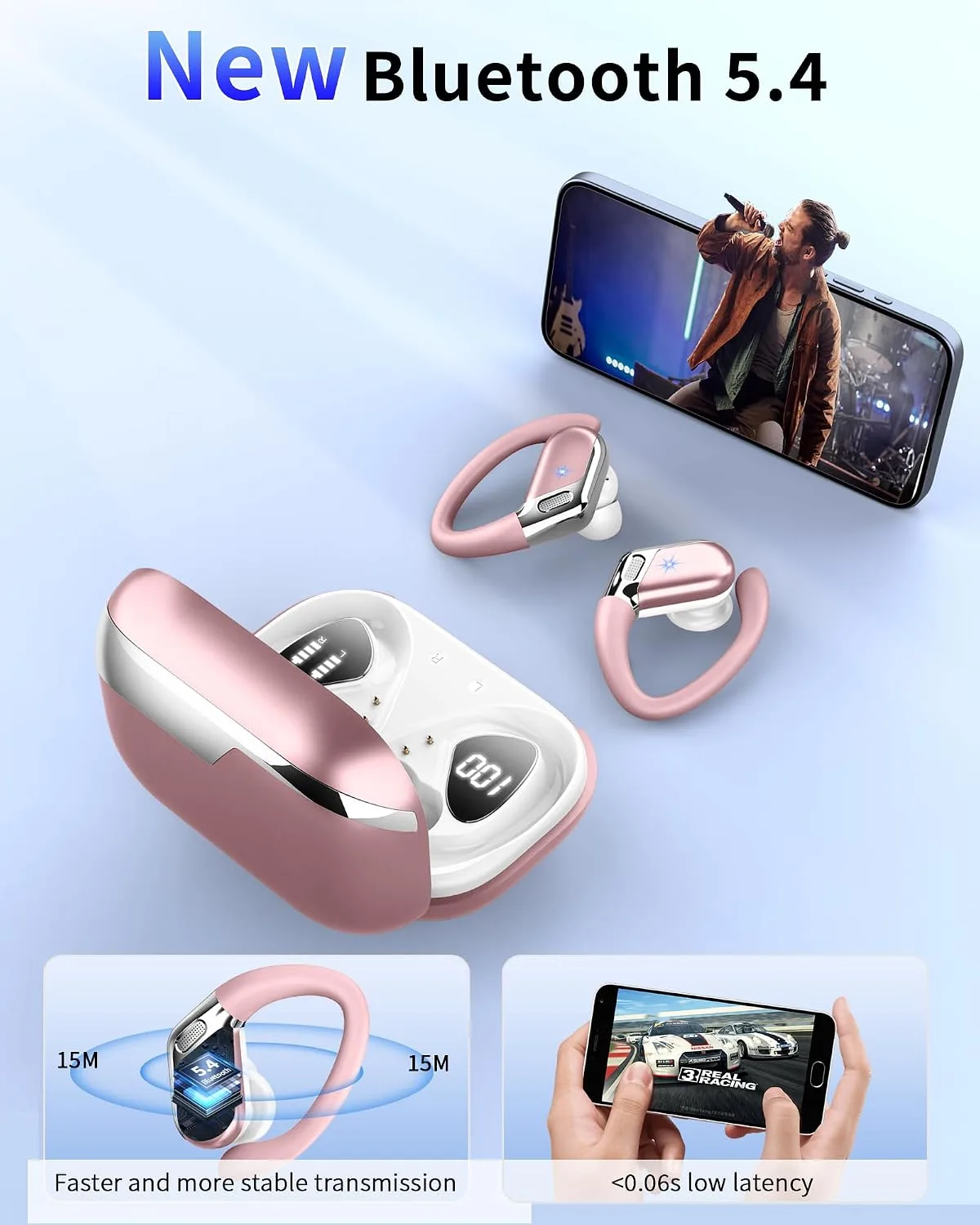 Wireless Earbud, Bluetooth 5.4 Headphones IP7 Waterproof for Sport, 50H Running Wireless Earphones with ENC Noise Cancelling Mic, Deep Bass Over Ear bud with Earhooks for Android, iOS, Workout, Gym