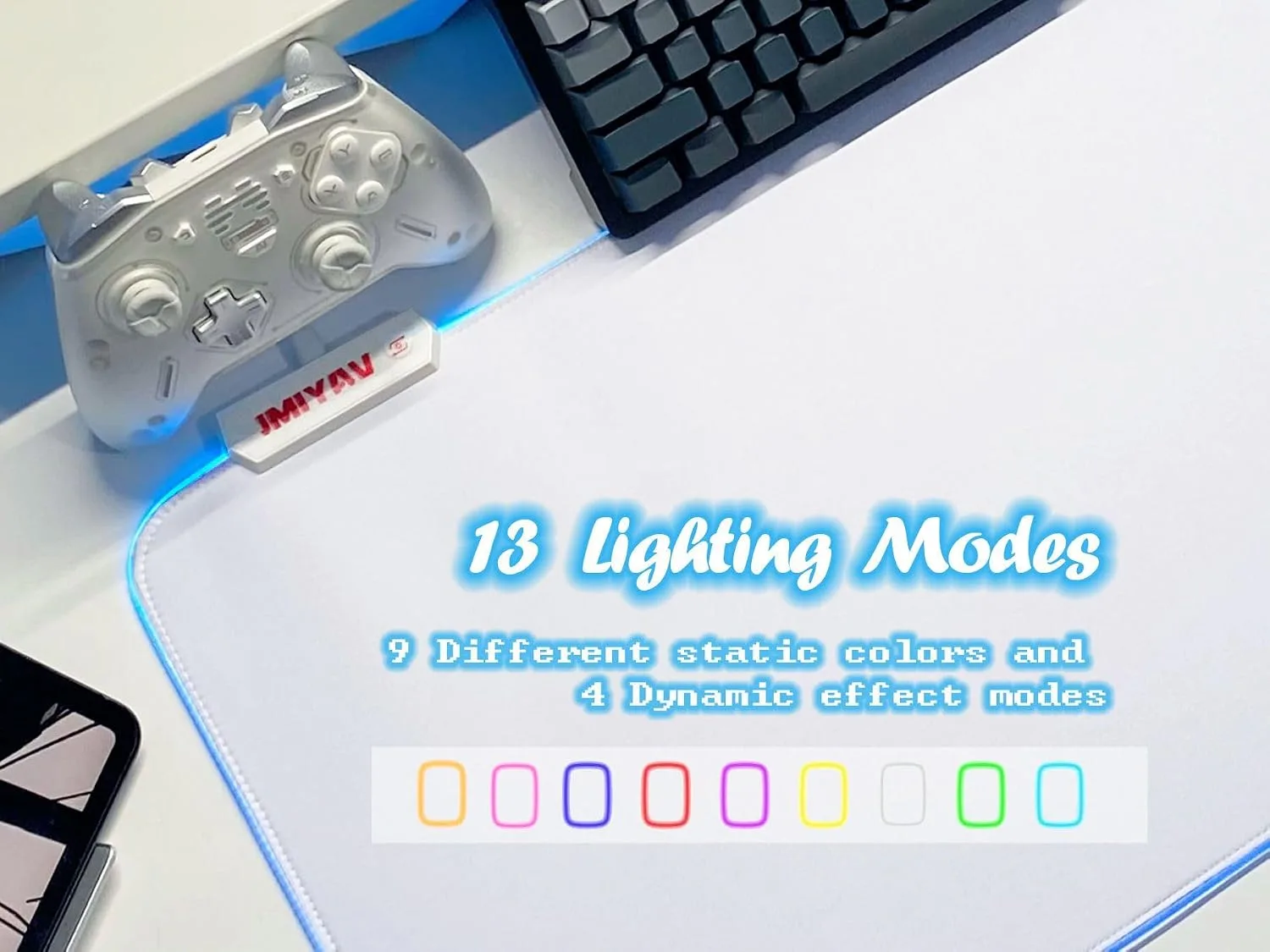 JMIYAV White Gaming Mouse Pad RGB Mousepad 31.5x12In Non-Slip Rubber Base Extra Large Cool XL XXL Computer Desk Pad Gaming Accessories Setup LED Light Up Big Mouse Pad for Gamer
