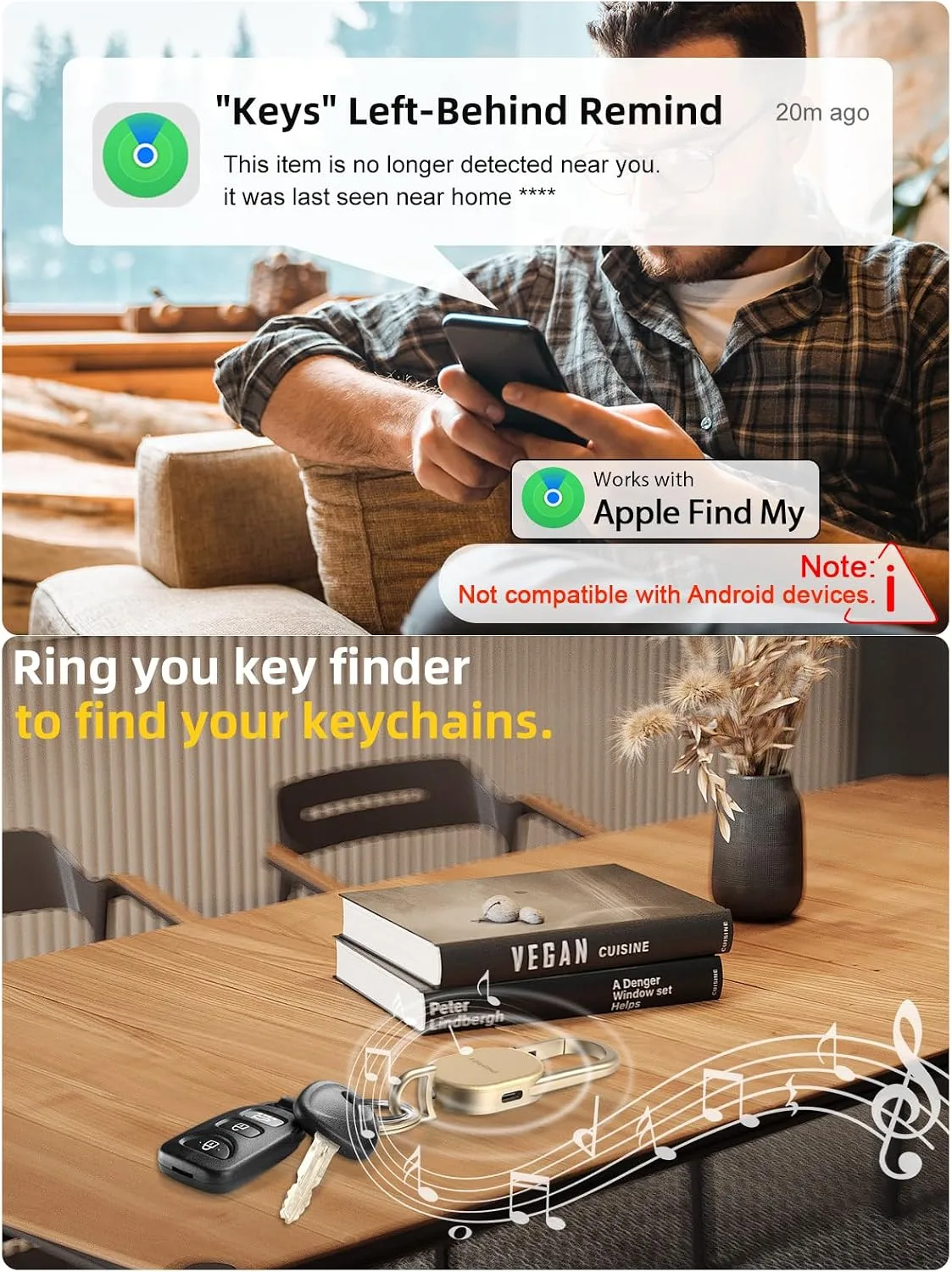 Find My Key Finder, Stainless Steel Keychain, Rechargeable Tracker