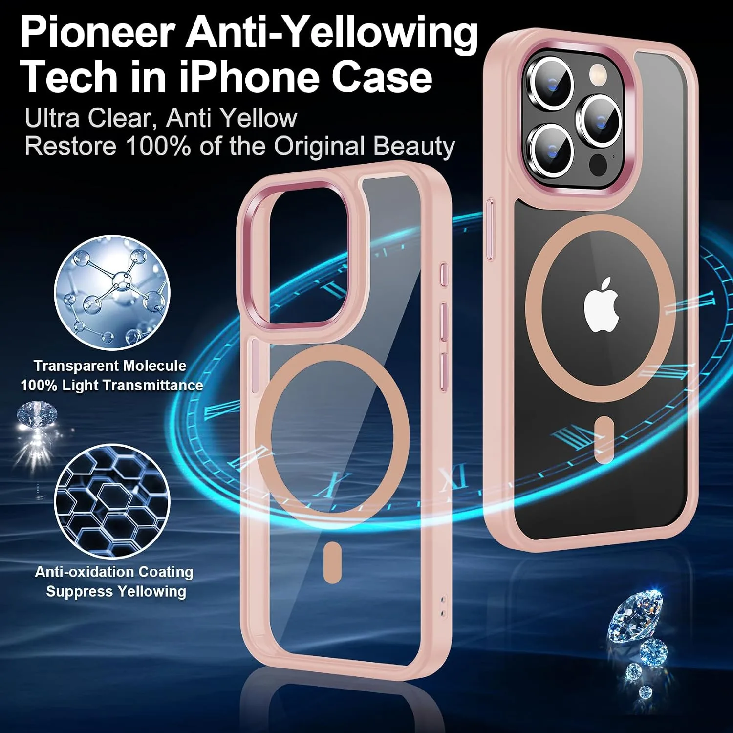 Temdan for iPhone 15 Pro Case with Screen Protector Clear Pink