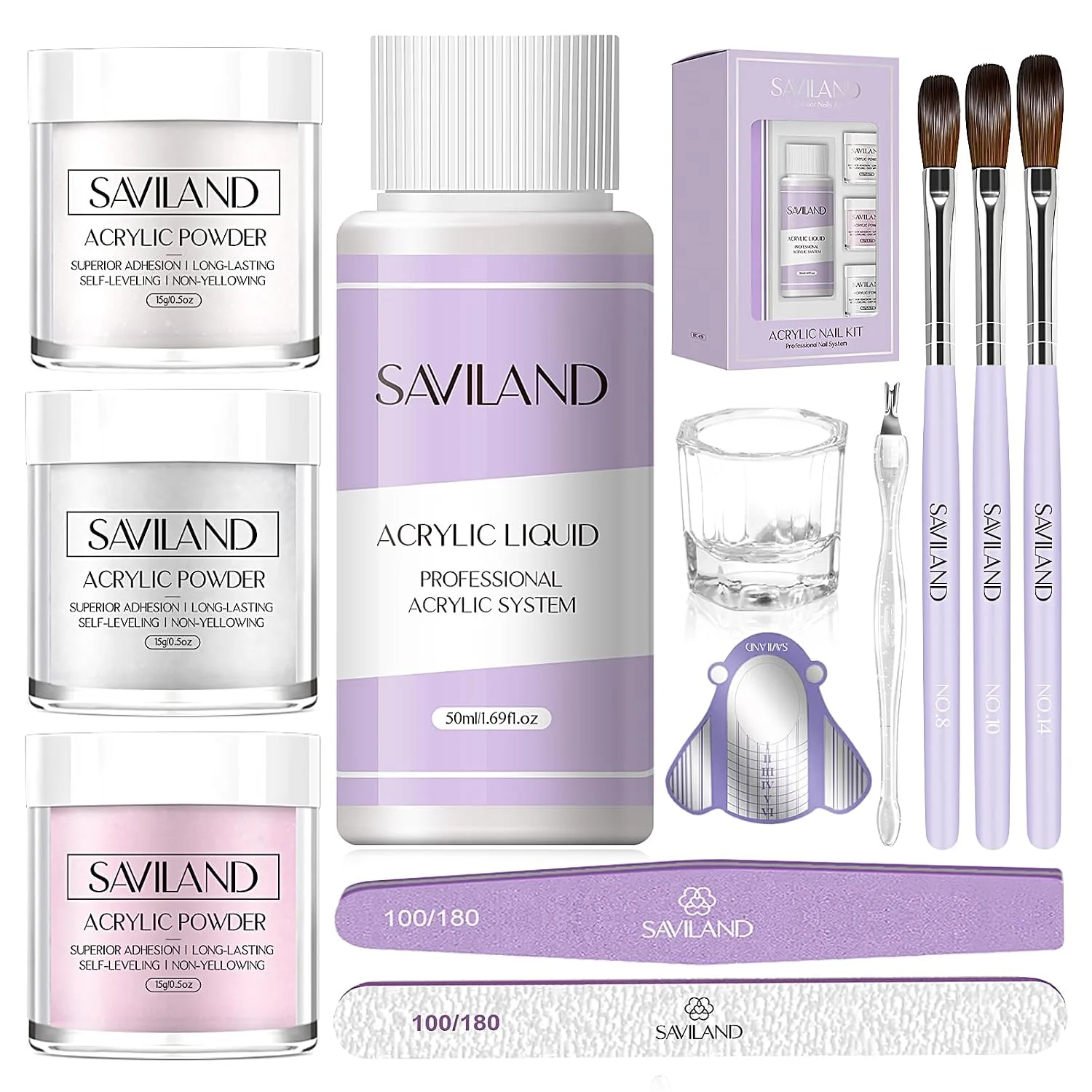 Kit de Acrílico para Uñas Saviland para Principiantes con Polvo Blanco, Rosa y Transparente