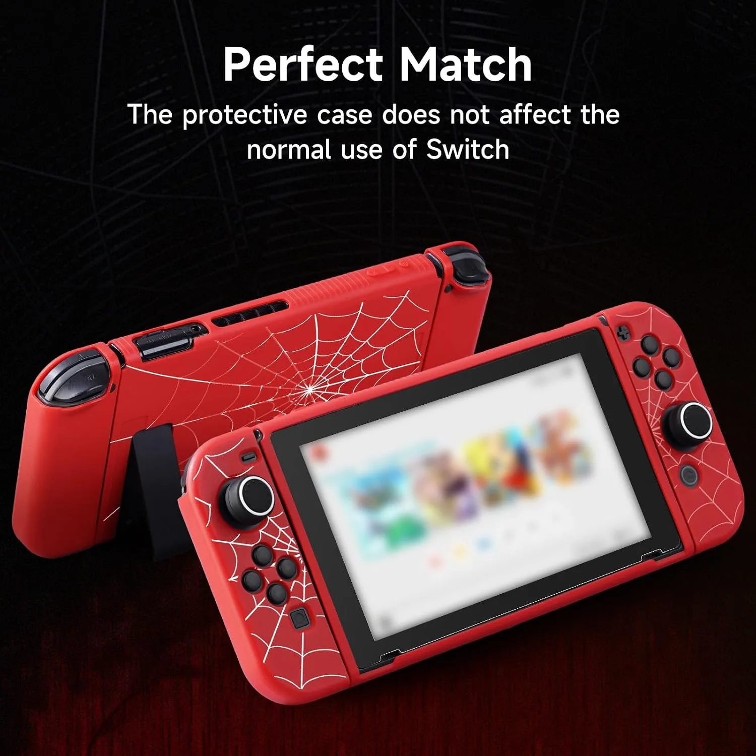 JINGDU Protective Case Compatible with Nintendo Switch 2017, TPU Case Accessory for Switch Console and Grip Joy-Con, Switch Protector with 4 Thumb Grips, Red Spider Web
