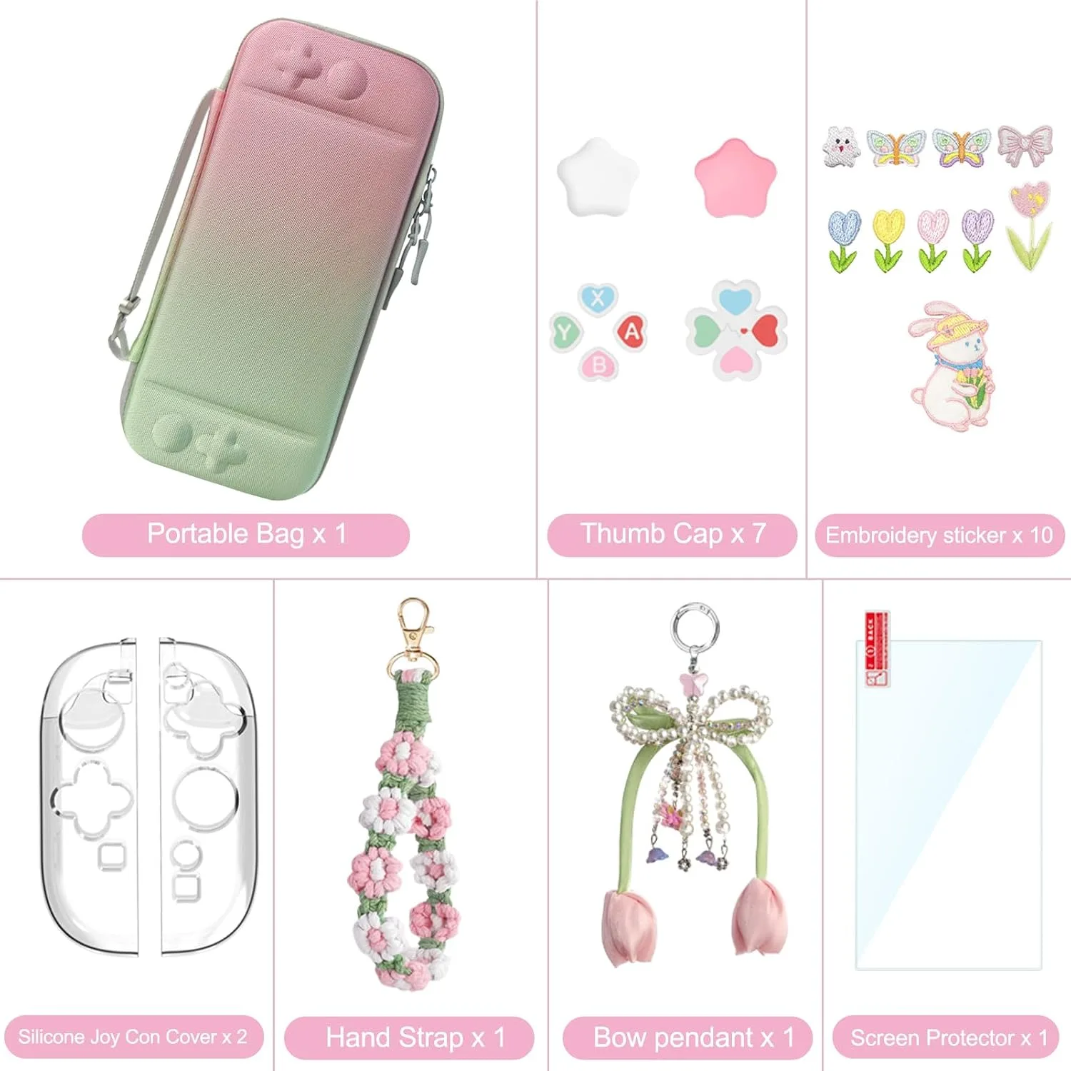 Cute Travel Carrying Case for Switch 2 2025 with Silicone j-con Covers, Thumb Grip Caps, Screen Protector, Flower Strap, Charms and Embroidery stickers for Girls Women, Pink Green