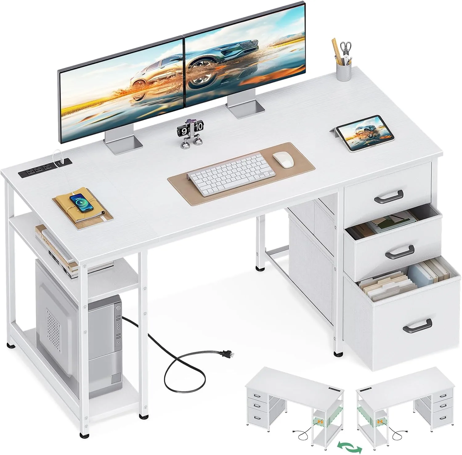 AODK 51 Inch White Computer Desk with Drawers & USB Power Outlets
