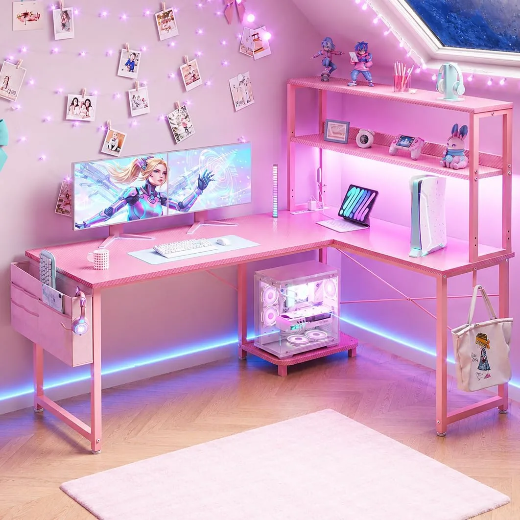 ODK 53" L Shaped Gaming Desk with Shelves, LED & Outlets, Pink